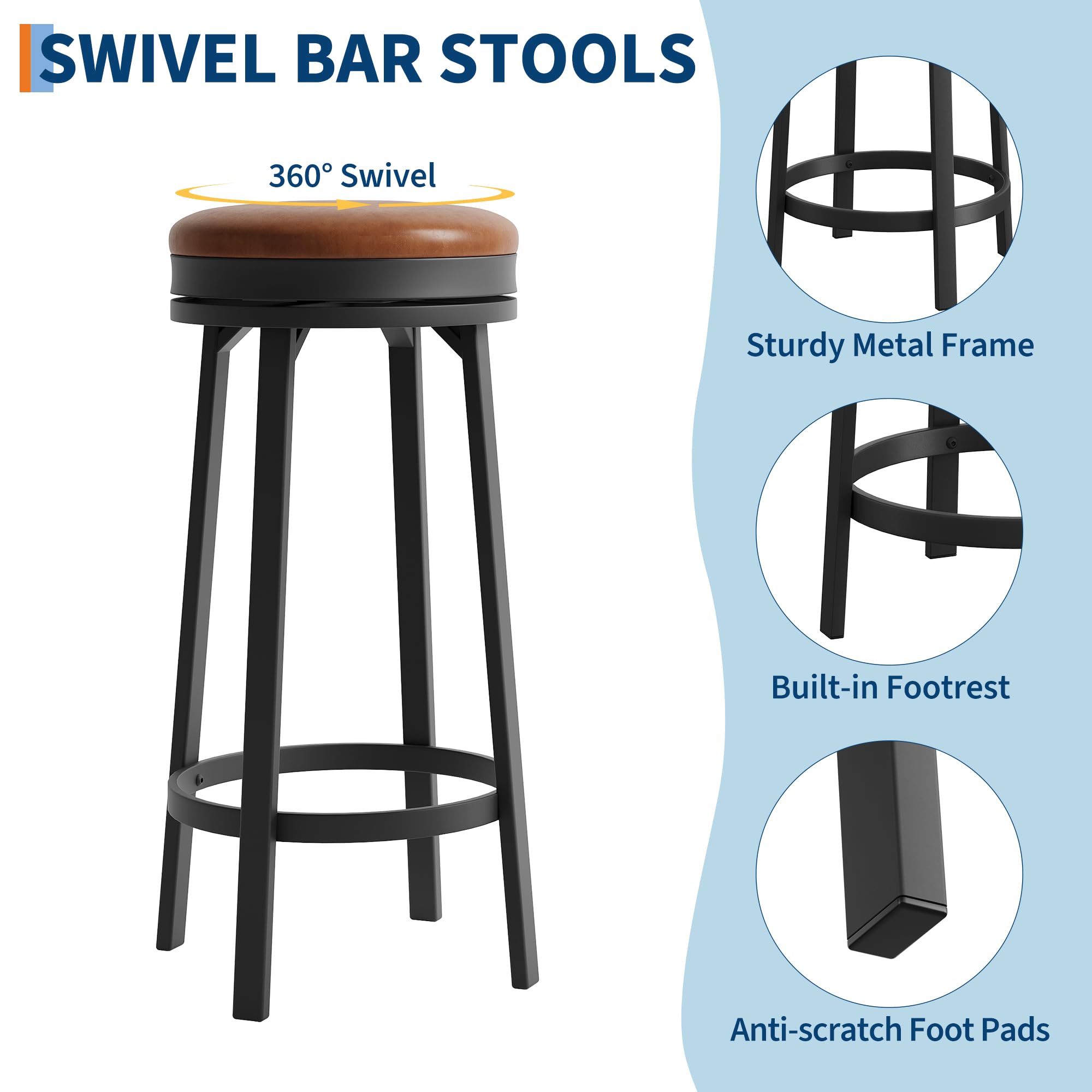 SWIVEL BAR STOOLS

- 360° Swivel
- Sturdy Metal Frame
- Built-in Footrest
- Anti-scratch Foot Pads