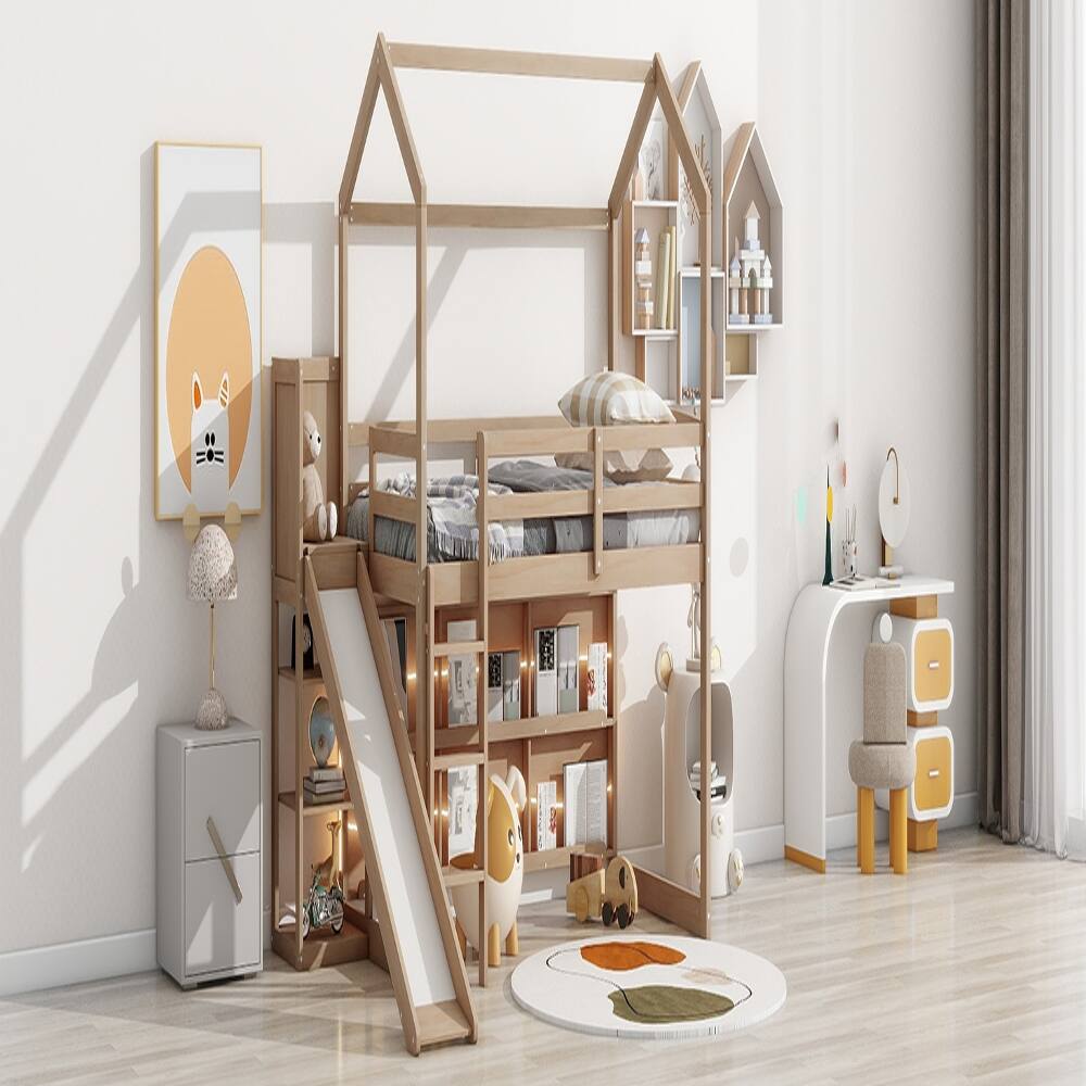 Alt View 1. Loheer - Loheer Twin Loft Bed with Slide and Storage, Wood House Bed Frame - Wood Color.