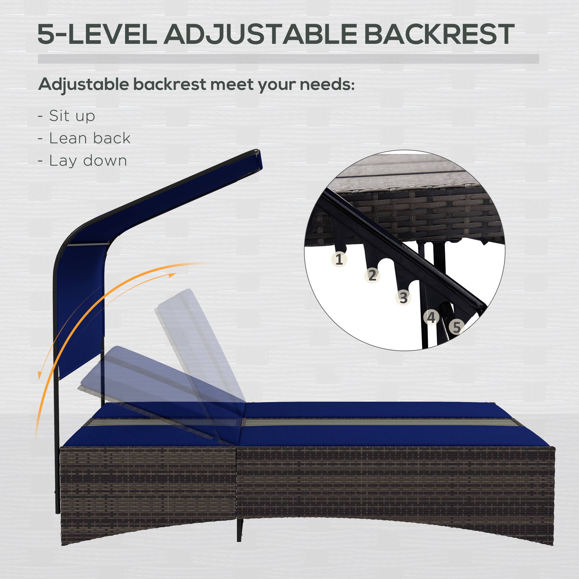 5-LEVEL ADJUSTABLE BACKREST

Adjustable backrest meets your needs:
- Sit up
- Lean back
- Lay down

1 2 3 4 5