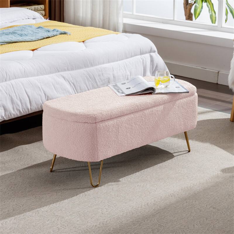 Alt View 2. HTUTWOO - Storage Ottoman Bench for Bedroom - Faux Fur Upholstered Bench with Gold Legs,Padded Storage Bench for Living Room - Pink.