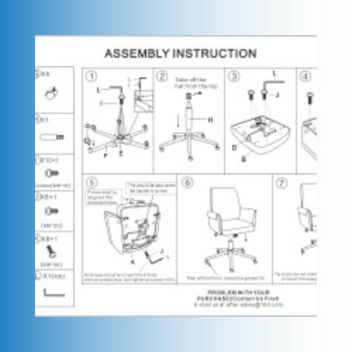 ASSEMBLY INSTRUCTION

1. Insert the legs into the frame.
2. Tighten the screws.
3. Attach the seat.
4. Attach the backrest.
5. Attach the armrests.
6. Attach the headrest.
7. Attach the wheels.

Parts List:
- Legs
- Screws
- Seat
- Backrest
- Armrests
- Headrest
- Wheels

Note: Use the provided screws and tools.
