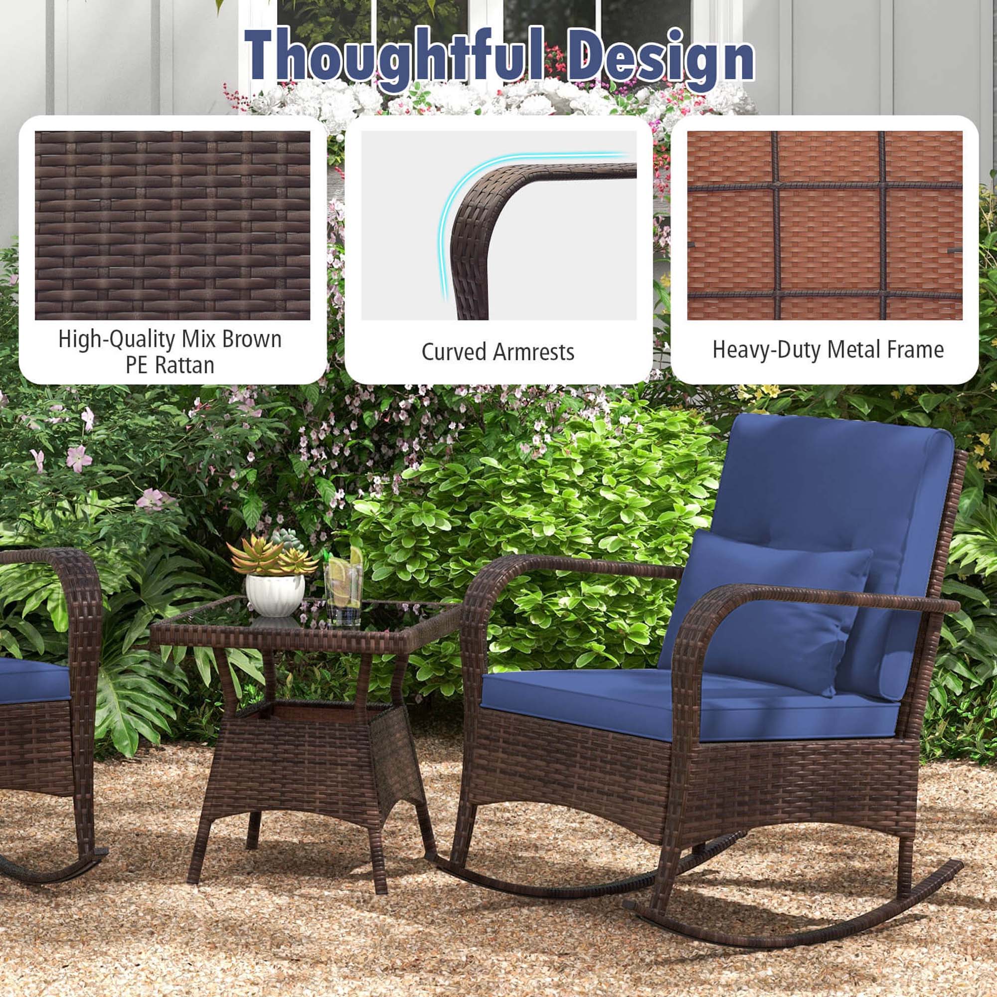 Thoughtful Design

High-Quality Mix Brown PE Rattan

Curved Armrests

Heavy-Duty Metal Frame
