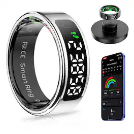 PRIMEPLUS - Smart Ring with LED Display Screen Health Tracker and Touch Button, Bluetooth Connection Health Monitor - Silver - (2026)
