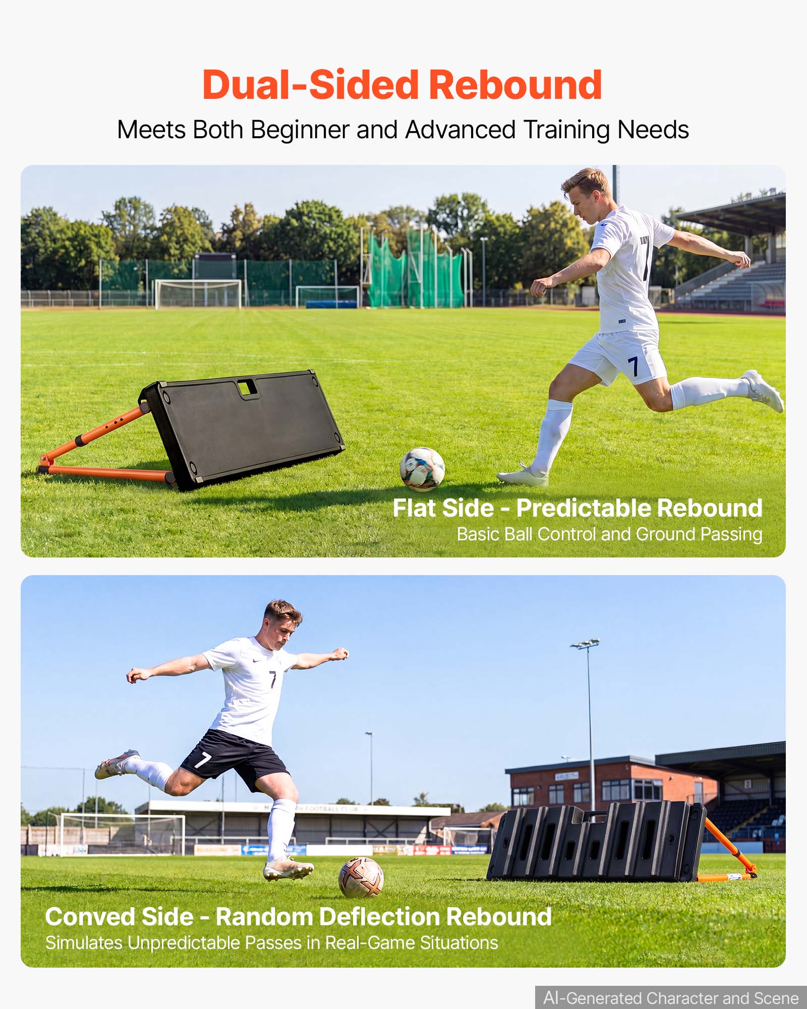 Dual-Sided Rebound  
Meets Both Beginner and Advanced Training Needs

1. Flat Side - Predictable Rebound  
   Basic Ball Control and Ground Passing

2. Convex Side - Random Deflection Rebound  
   Simulates Unpredictable Passes in Real-Game Situations

AI-Generated Character and Scene