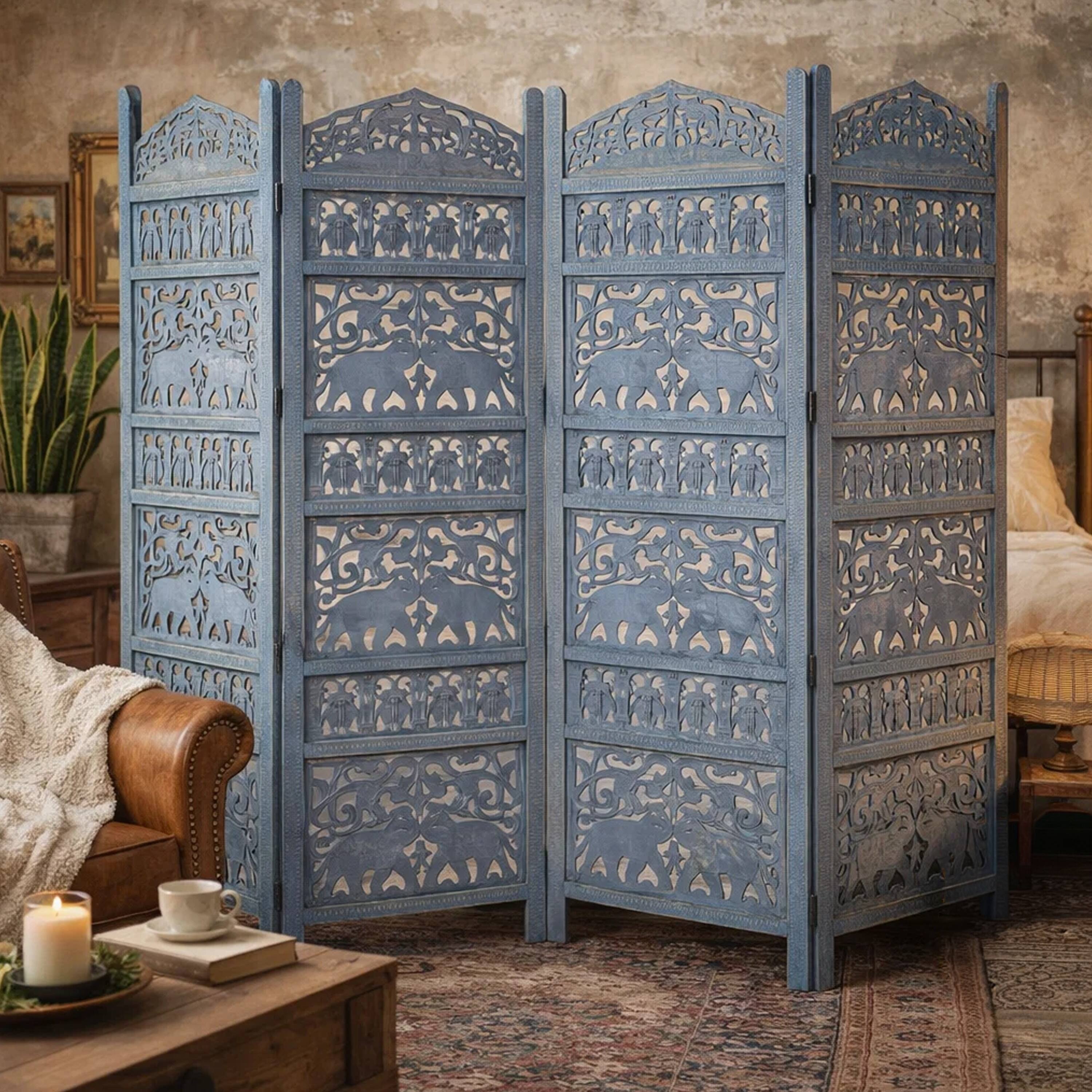 Alt View 9. Manhattan Lane - Jumbo 4 Panel Folding Room Divider Screen, Antique Blue Mango Wood, Elephant Motif Carved Design - Blue.