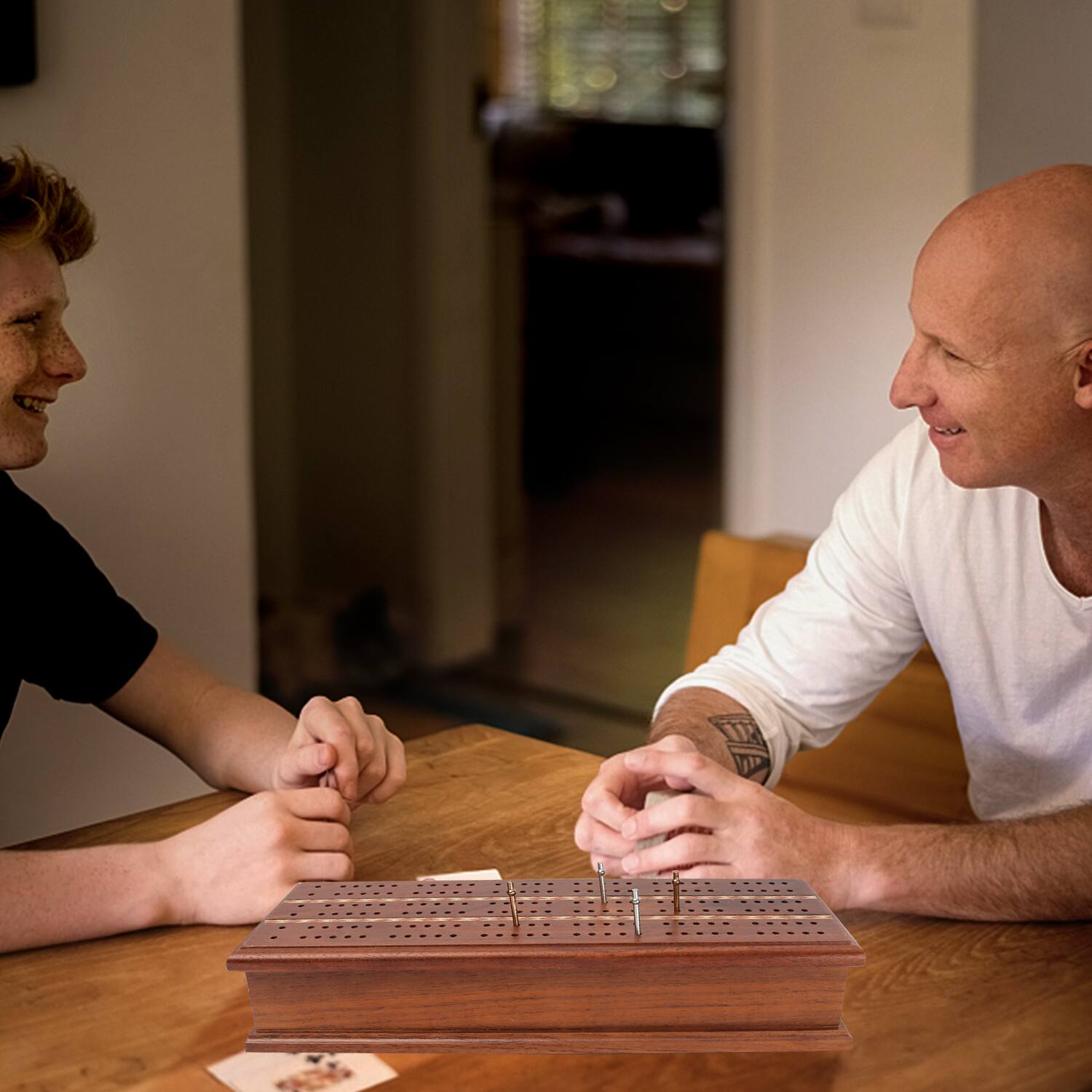 Alt View 2. GSE Games & Sports Expert - 2-Track Wooden Cribbage Board Game Box with Playing Cards, Metal Pegs and Storage Drawer.