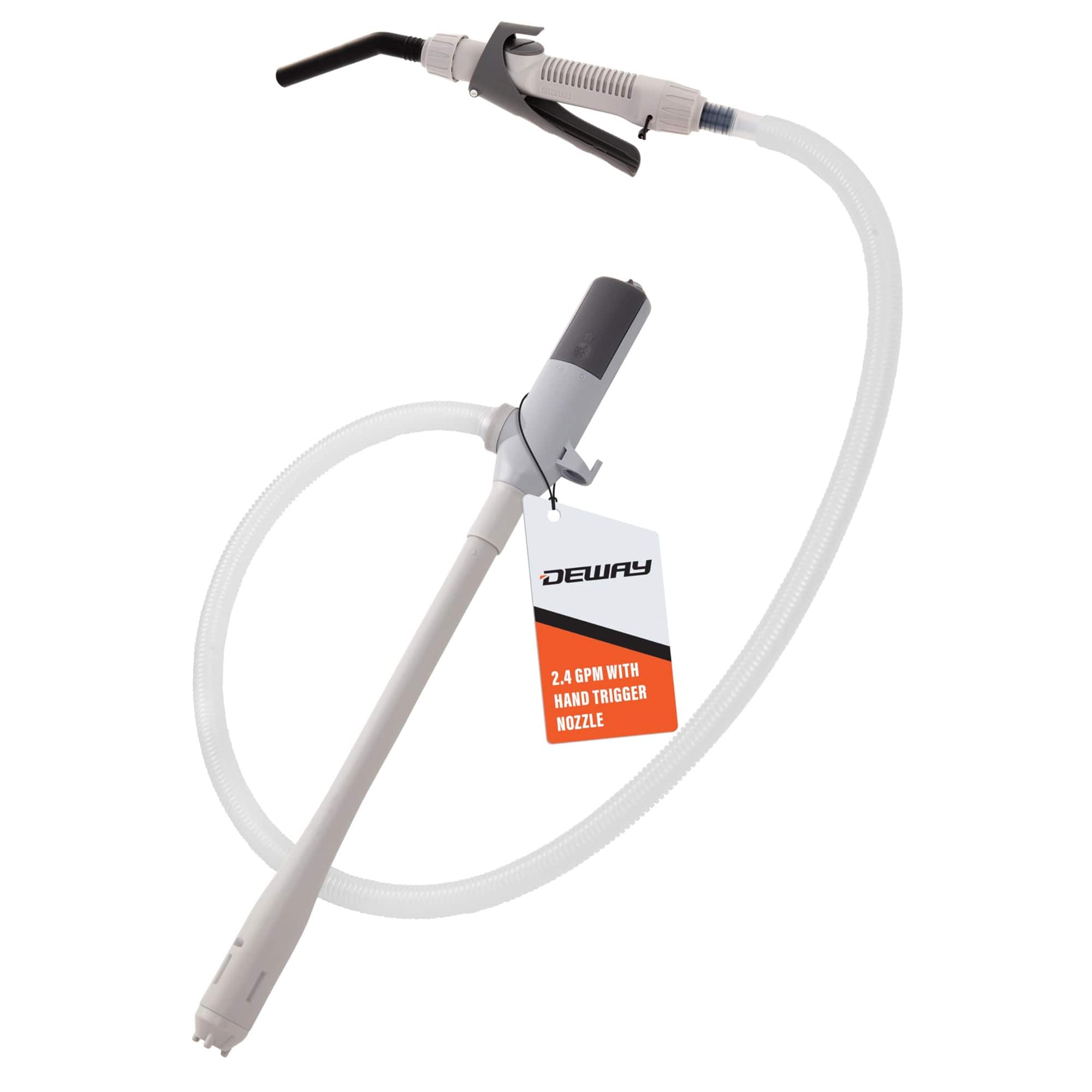 Deway - Automatic Fuel Transfer Pump W/Flow Control & Stop Nozzle, Battery Powered, 39" Hose, 2.4 GPM - Grey