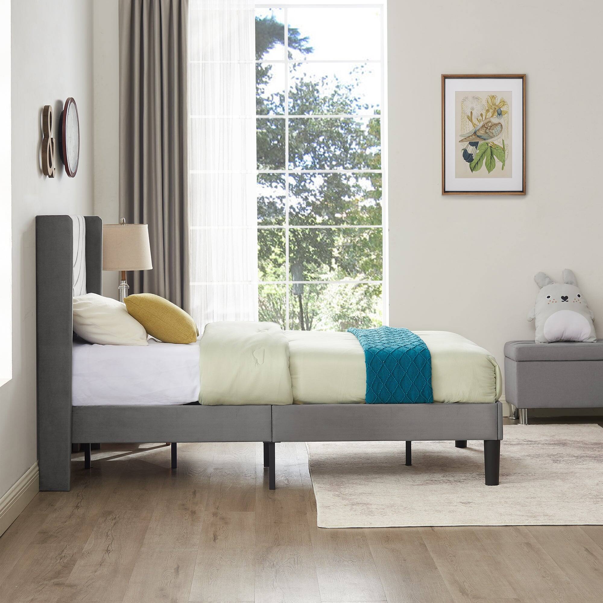 Back. Vecelo - Upholstered Platform Twin Bed Frame with Fabric Headboard,Wooden Slats Support/No Box Spring Needed/Mattress Foundation - Dark Grey.