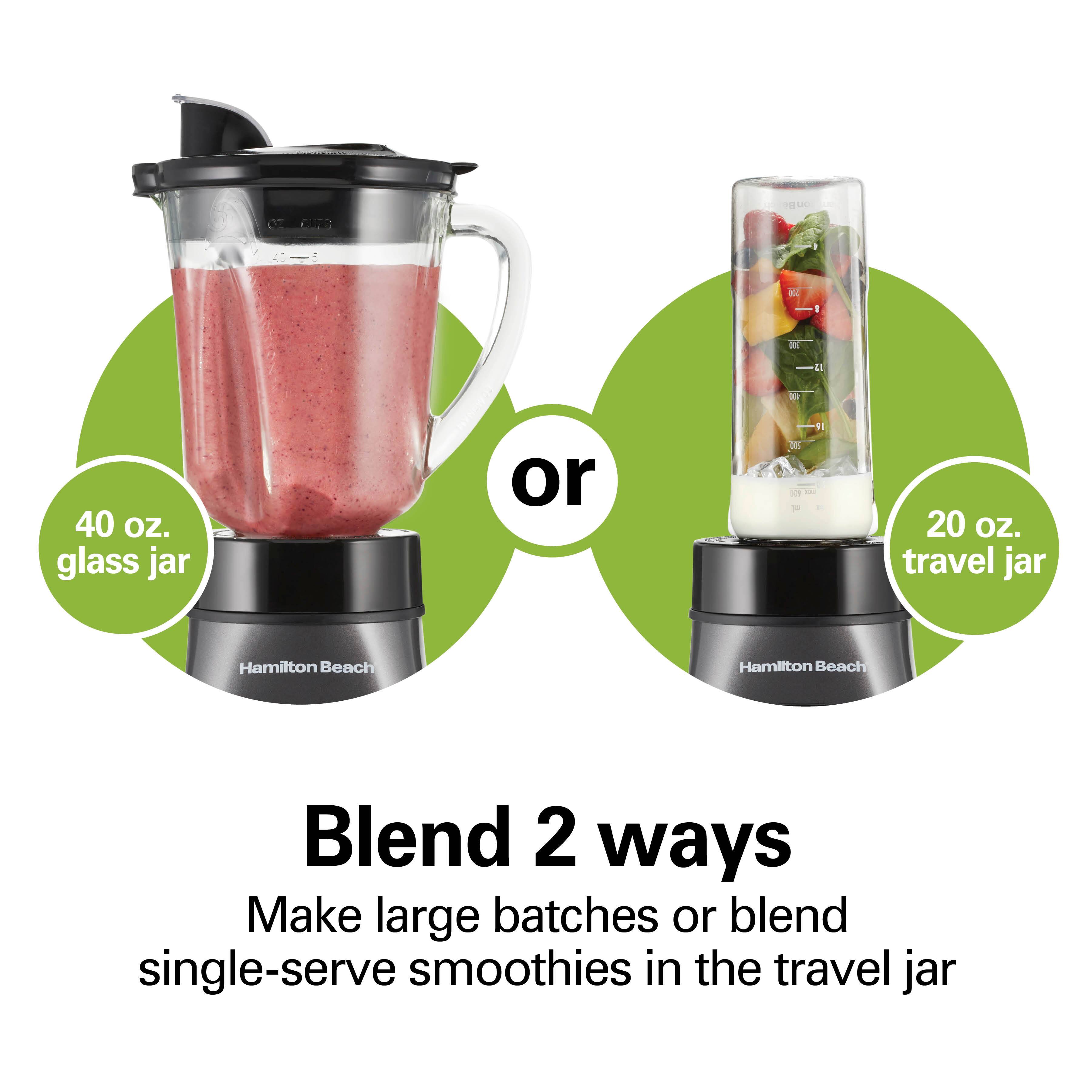 Blend 2 ways  
Make large batches or blend single-serve smoothies in the travel jar  

40 oz. glass jar  
or  
20 oz. travel jar