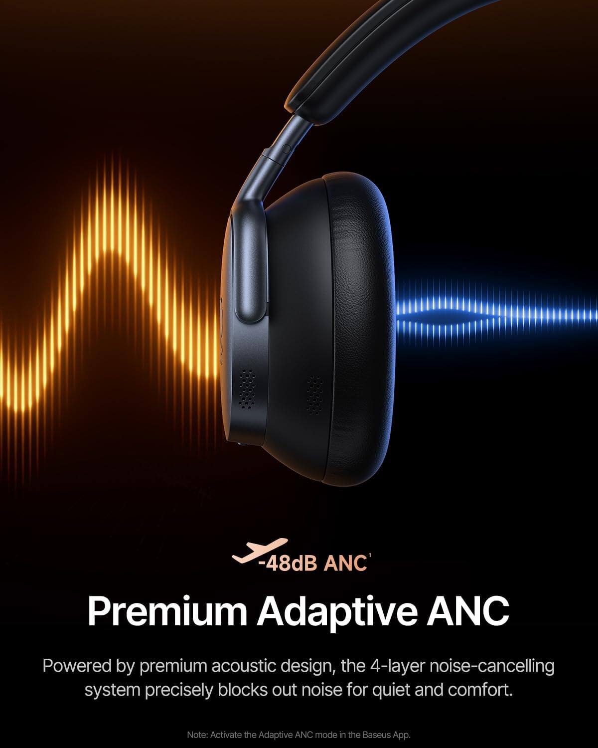 -48dB ANC

Premium Adaptive ANC

Powered by premium acoustic design, the 4-layer noise-cancelling system precisely blocks out noise for quiet and comfort.

Note: Activate the Adaptive ANC mode in the Baseus App.