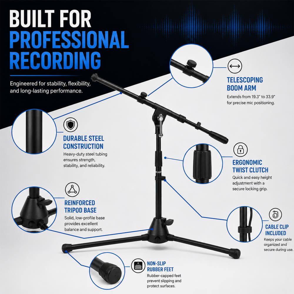 BUILT FOR PROFESSIONAL RECORDING  
Engineered for stability, flexibility, and long-lasting performance.

TELESCOPING BOOM ARM  
Extends from 19.3" to 33.9" for precise mic positioning.

DURABLE STEEL CONSTRUCTION  
Heavy-duty steel tubing ensures strength, stability, and reliability.

ERGONOMIC TWIST CLUTCH  
Quick and easy height adjustment with a secure locking grip.

REINFORCED TRIPOD BASE  
Solid, low-profile base provides excellent balance and support.

CABLE CLIP INCLUDED  
Keeps your cable organized and secure during use.

NON-SLIP RUBBER FEET  
Rubber-capped feet prevent slipping and protect surfaces.