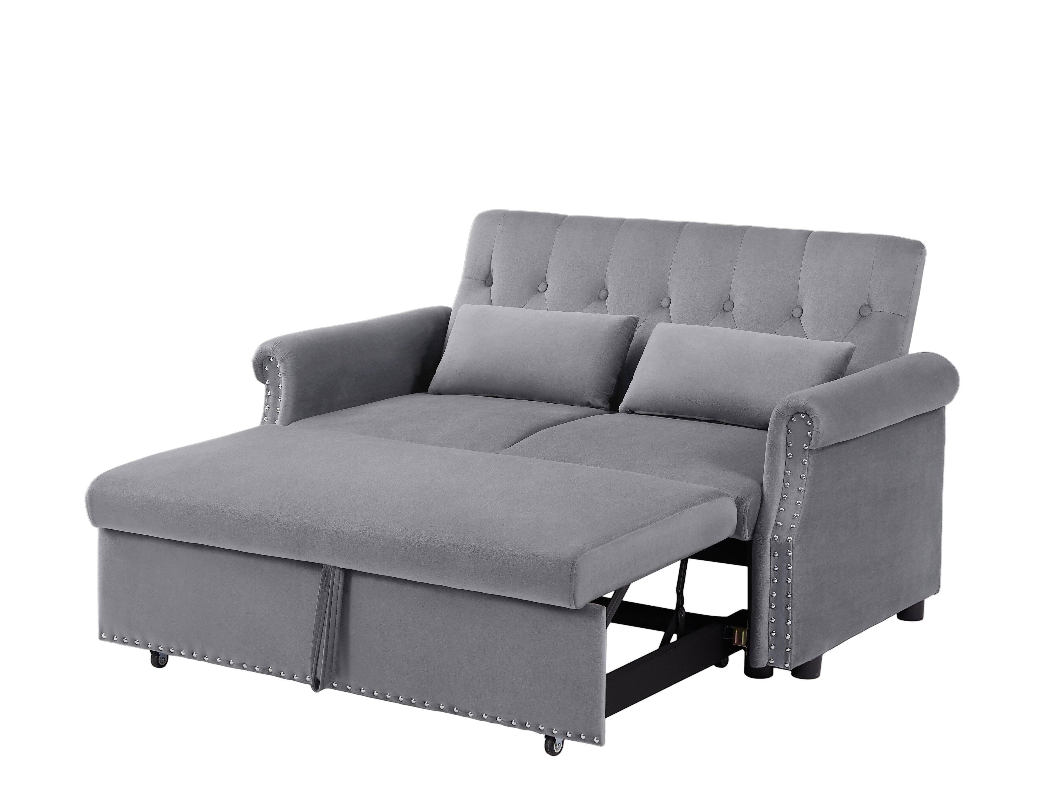 Alt View 6. Tiramisubest - Modern Velvet Convertible Loveseat Sleeper Sofa with 2 Lumbar Pillows,Adjustable Pull-Out Bed,Removable Armrest,Gray - Gray.