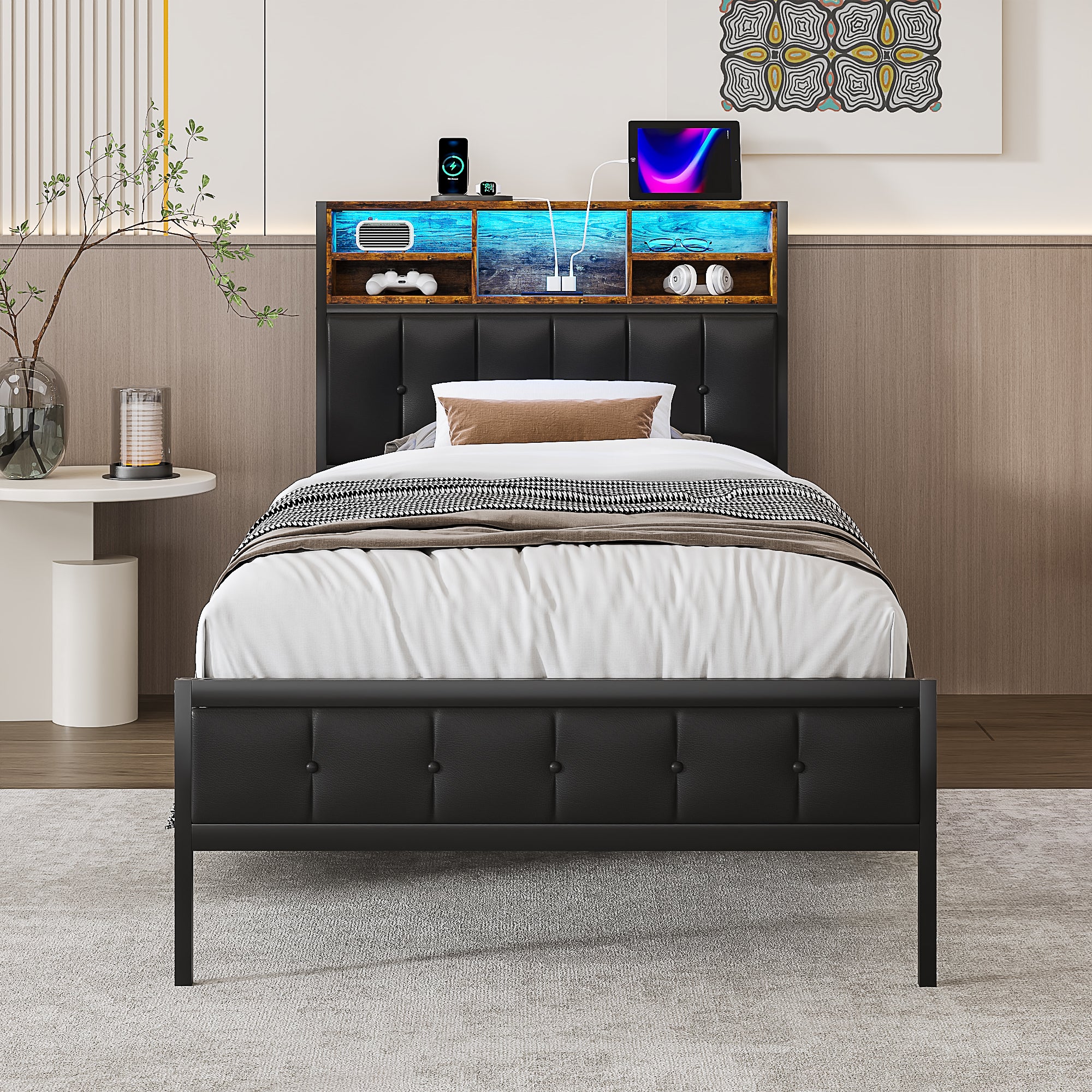 Vecelo - Twin Bed Frame With Charging Station And LED Lights- Upholstered Bed Frame, Heavy Duty Metal Platform Bed - Black