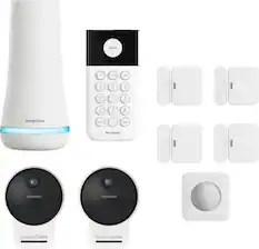 Grouping the text on the image, we can see that it is a collection of SimpliSafe products, including a white device, a camera, a remote, and a security system. The products are displayed in a white background, and the text on the image reads "SimpliSafe."