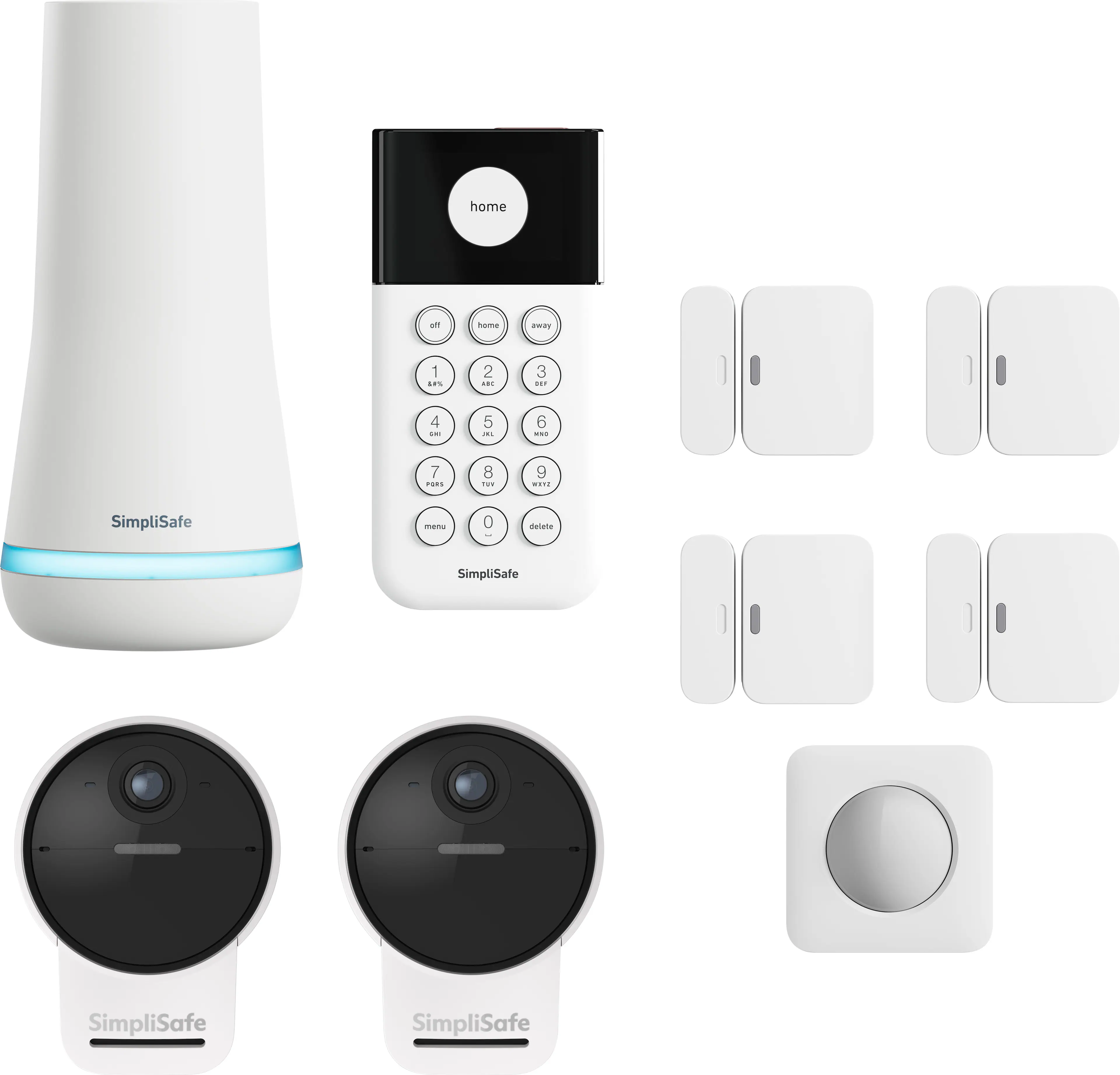 Grouping the text on the image, we can see that it is a collection of SimpliSafe products, including a white device, a camera, a remote, and a security system. The products are displayed in a white background, and the text on the image reads "SimpliSafe."