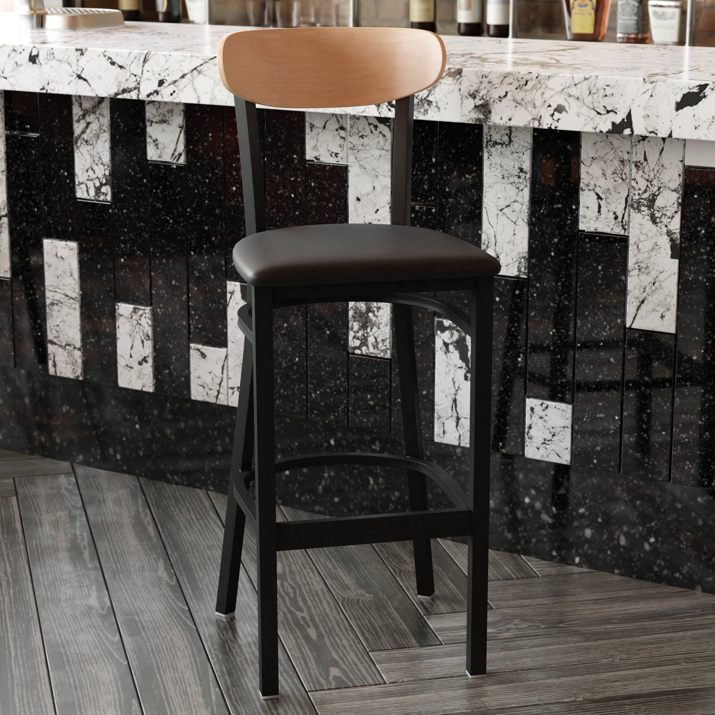 Angle. Flash Furniture - Wright Commercial Barstool with 500 LB. Capacity Black Steel Frame, Natural Birch Finish Wooden Boomerang Back, and Blac - Black.