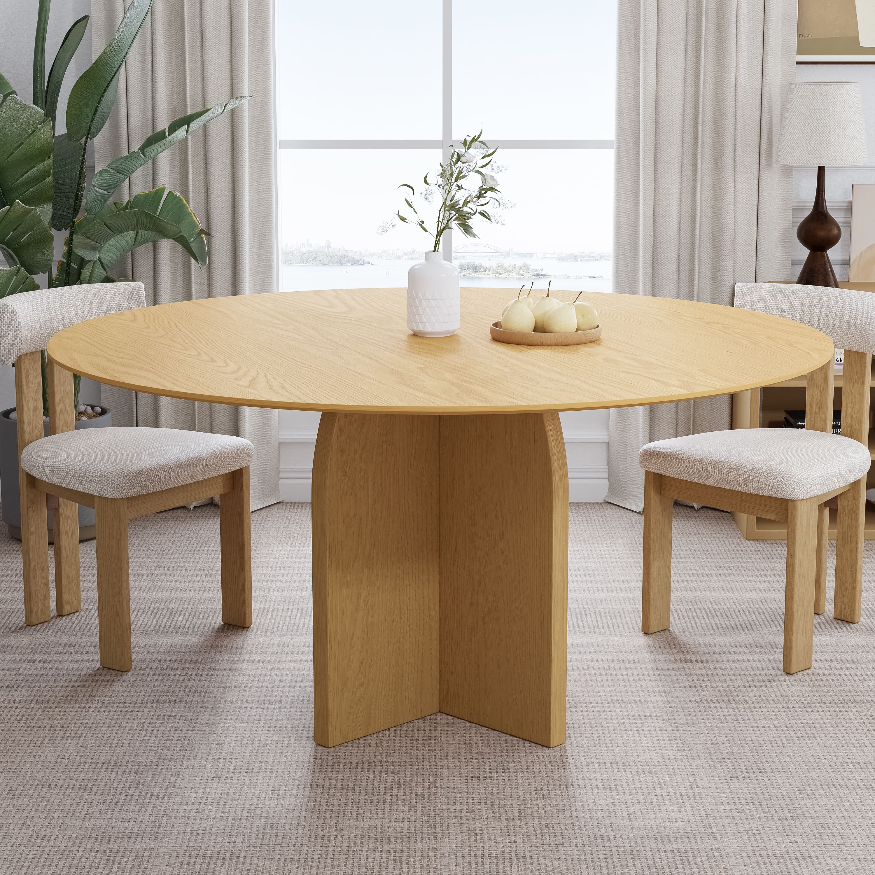 Lirago - 59in. Arched Leg Round Dining Table Natural Finish Solid Wood Timeless Style,Seats 10 People - Beige