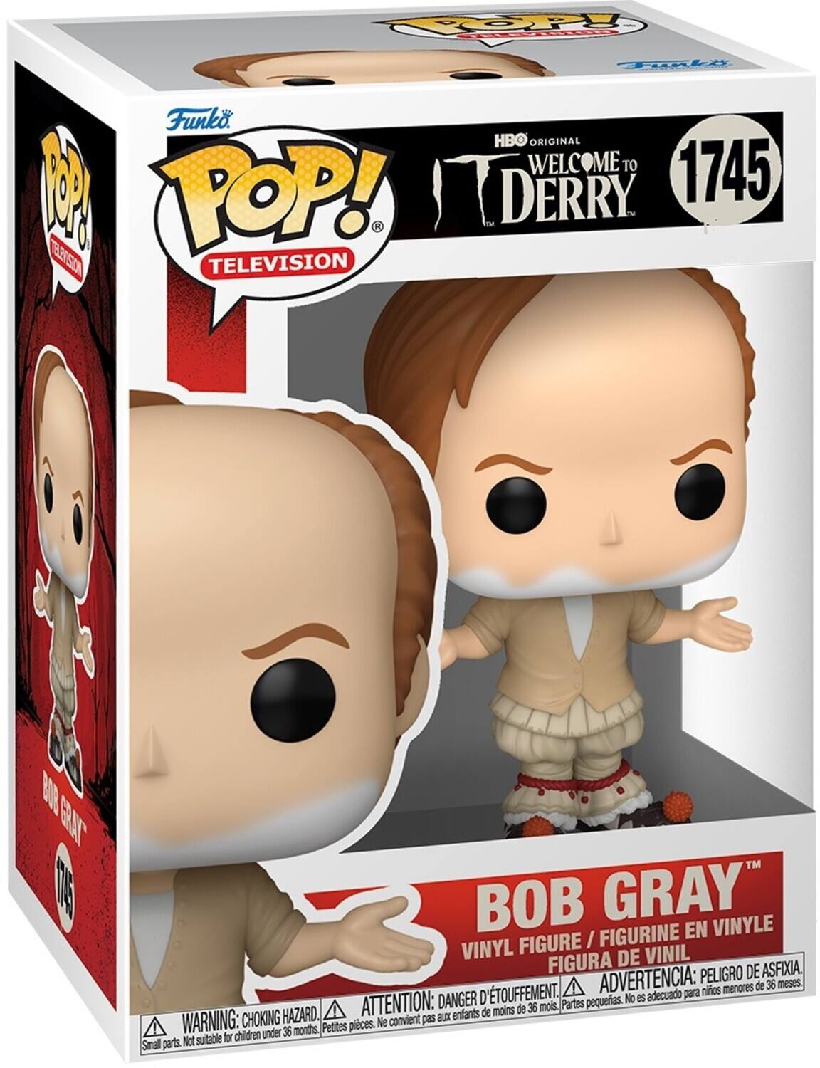 Sure, here is the corrected and grouped text from the image:

---

**Top Left:**
- POP! TELEVISION

**Top Center:**
- Funko
- POP! TELEVISION

**Top Right:**
- HBO ORIGINAL
- WELCOME TO DERRY
- 1745

**Bottom Center:**
- BOB GRAY
- VINYL FIGURE / FIGURINE EN VINYLE / FIGURA DE VINIL

**Bottom Left:**
- WARNING: CHOKING HAZARD. Small parts. Not suitable for children under 36 months.
- ATTENTION: DANGER D'ÉTOUFFEMENT. Petites pièces. Ne convient pas aux enfants de moins de 36 mois.
- ADVERTENCIA: PEORO DE ASFIXIA. Partes pequeñas. No es adecuado para niños menores de 36 meses.

**Bottom Right:**
- (Image of the figure)

---