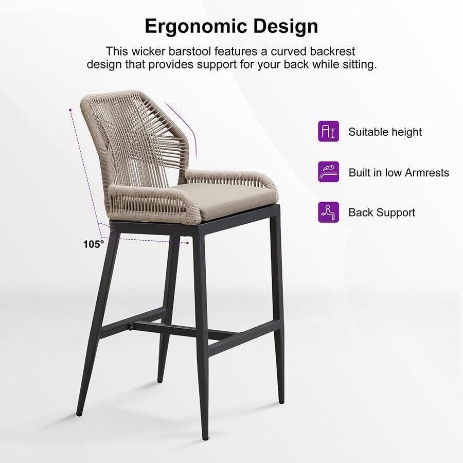 Ergonomic Design

This wicker barstool features a curved backrest design that provides support for your back while sitting.

- Suitable height
- Built in low Armrests
- Back Support

105°