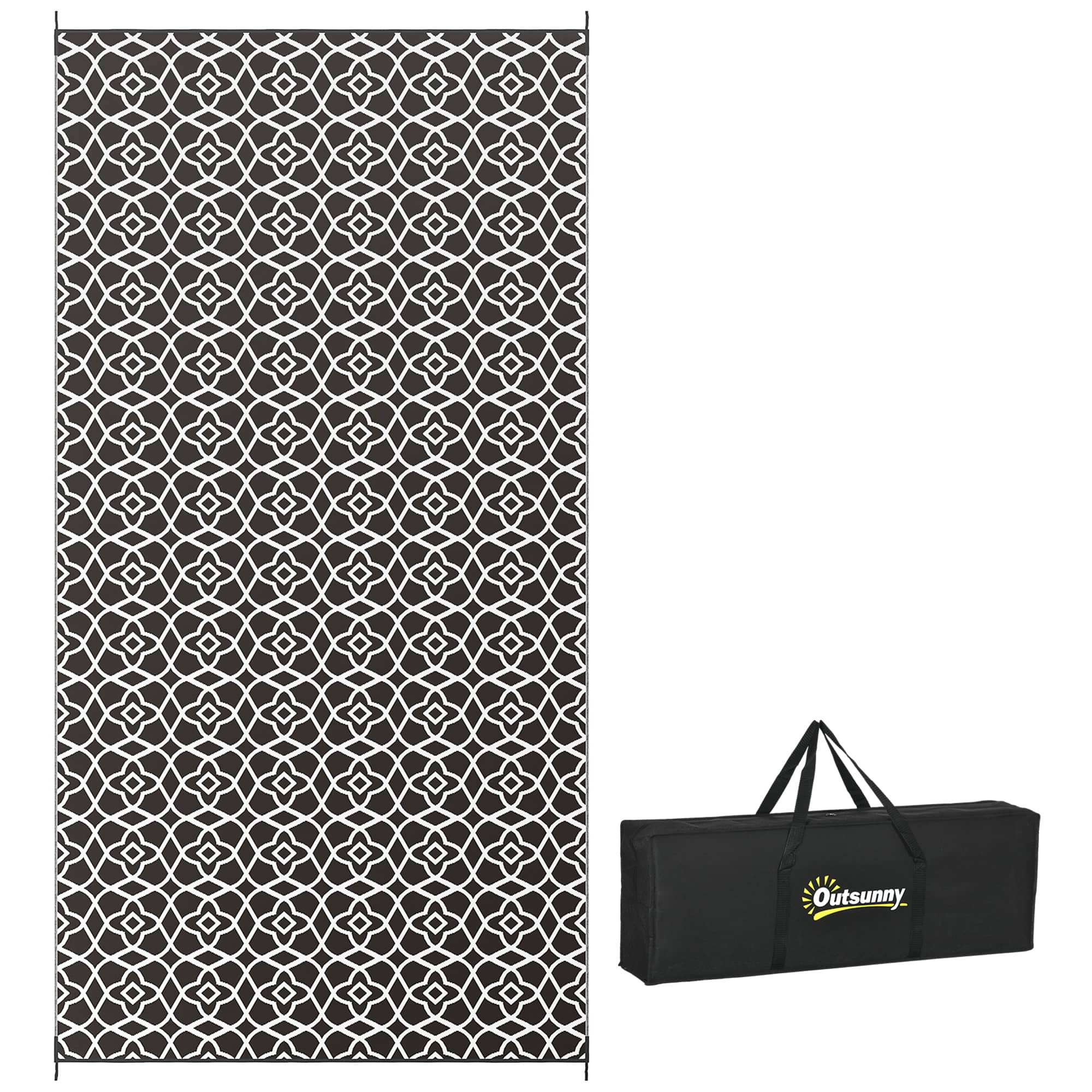 Outsunny - Outdoor Rug for Patio, 9' x 18' Waterproof Large Mat, Reversible Plastic Straw Rug for Décor - Black and White Clover