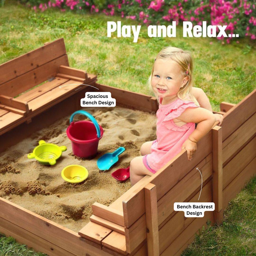 Play22 Large Wooden Kids Sandbox with Lid – Outdoor Sand Box for