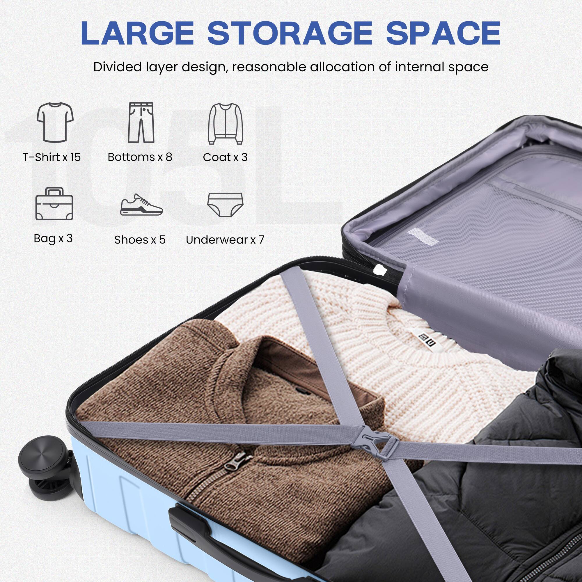 LARGE STORAGE SPACE  
Divided layer design, reasonable allocation of internal space  

- T-Shirt x 15  
- Bottoms x 8  
- Coat x 3  
- Bag x 3  
- Shoes x 5  
- Underwear x 7