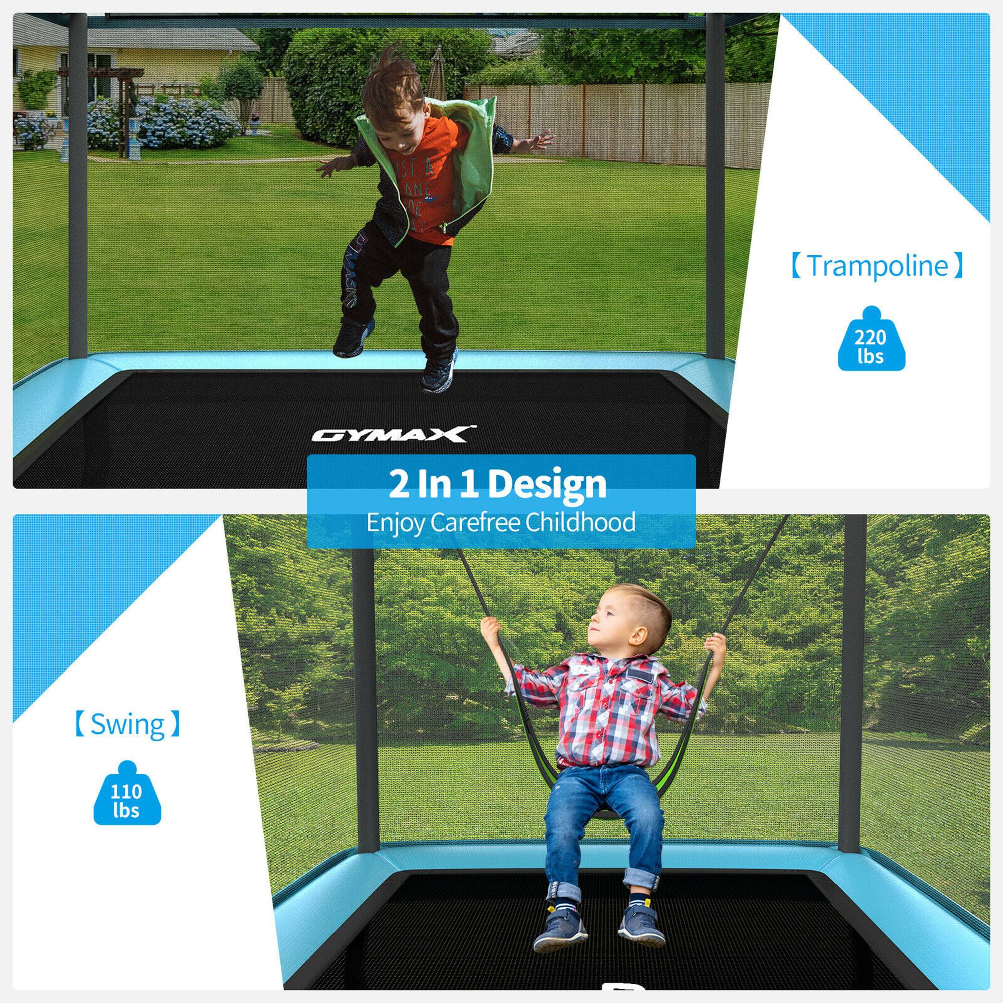 GYMAX

2 In 1 Design  
Enjoy Carefree Childhood

[Trampoline]  
220 lbs

[Swing]  
110 lbs