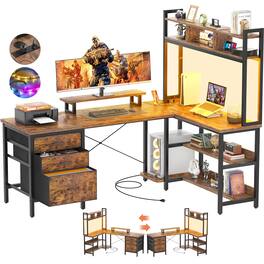 Aheaplus - L Shaped Desk with Hutch, 58.7'' Long Gaming Desk with 3 Fabric Drawers, LED Lights & Power Outlets, Reversible - Brown