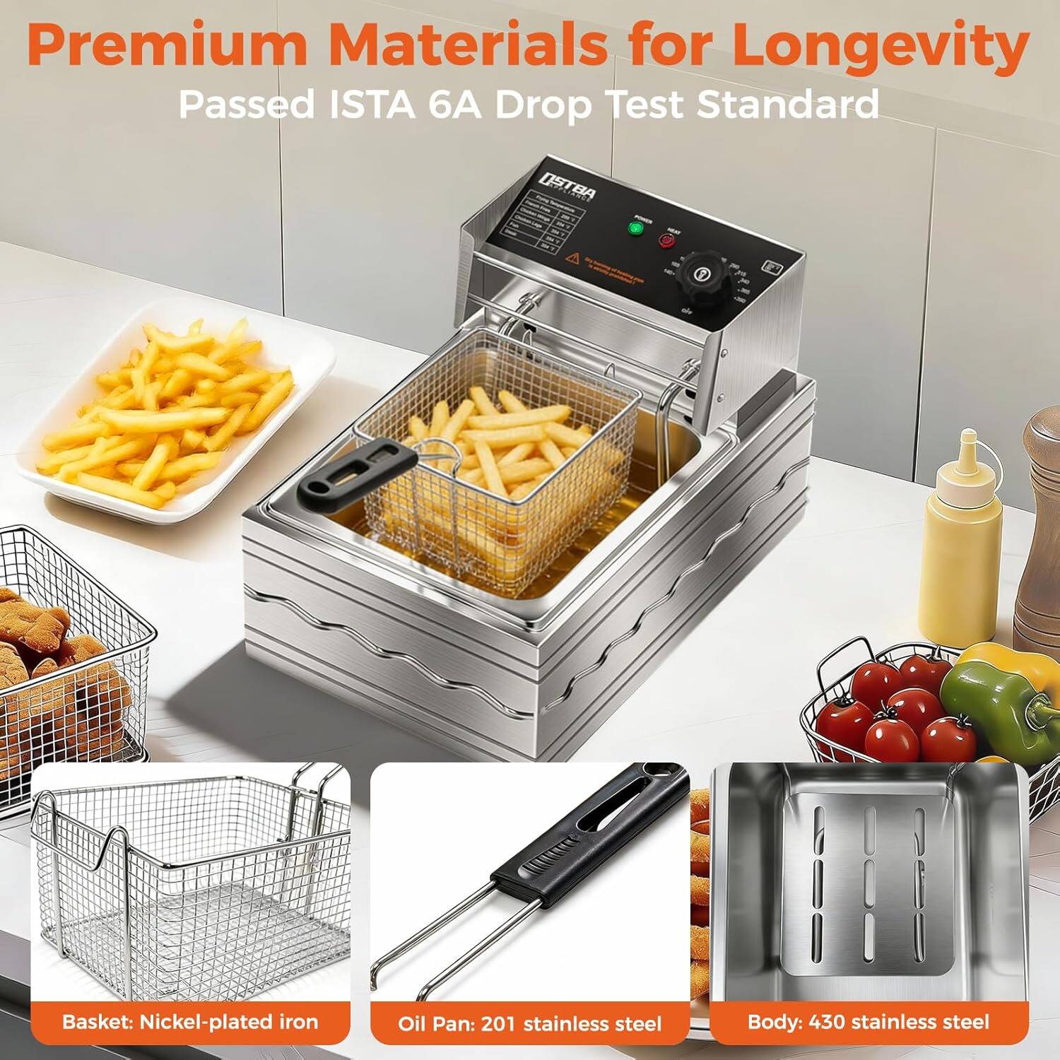 Premium Materials for Longevity  
Passed ISTA 6A Drop Test Standard  

Basket: Nickel-plated iron  
Oil Pan: 201 stainless steel  
Body: 430 stainless steel