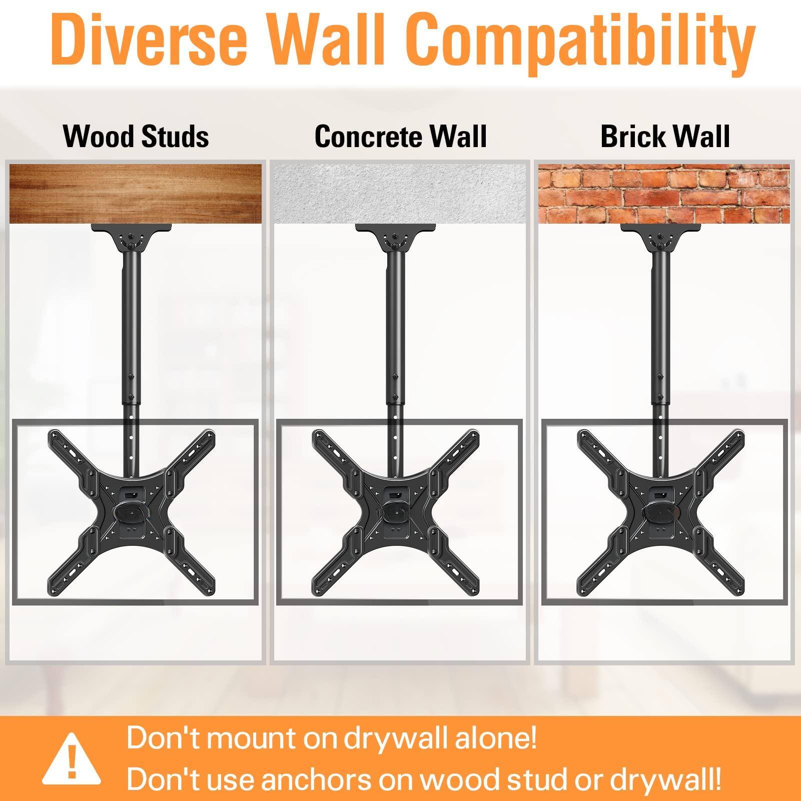 Diverse Wall Compatibility

Wood Studs  
Concrete Wall  
Brick Wall  

Don't mount on drywall alone!  
Don't use anchors on wood stud or drywall!