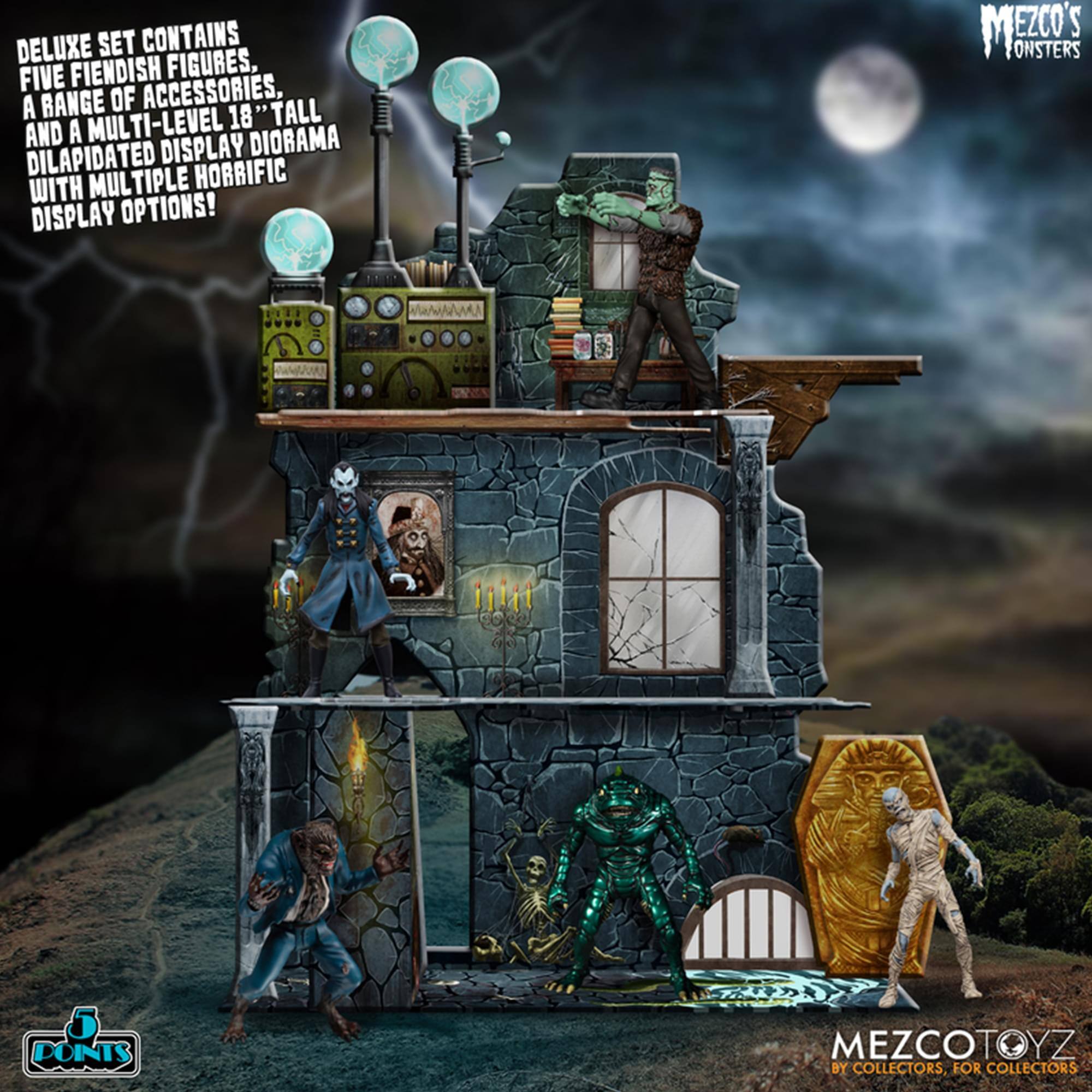 DELUXE SET CONTAINS FIVE FIENDISH FIGURES, A RANGE OF ACCESSORIES, AND A MULTI-LEVEL 18" TALL DILAPIDATED DISPLAY DIORAMA WITH MULTIPLE HORRIFIC DISPLAY OPTIONS! MEZCO'S MONSTERS 5 POINTS MEZCOTOYZ BY COLLECTORS, FOR COLLECTORS