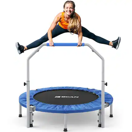 Front. BCAN - SP2 48" Foldable Mini Trampoline Max Load 440lbs, Fitness Rebounder with Adjustable Foam Handle - blue.