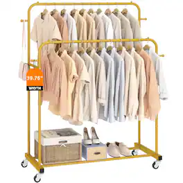 Cedar Assembly - Double-pole clothes rack with wheels, for hanging clothes, 4 hooks, bedroom clothes rack - Gold