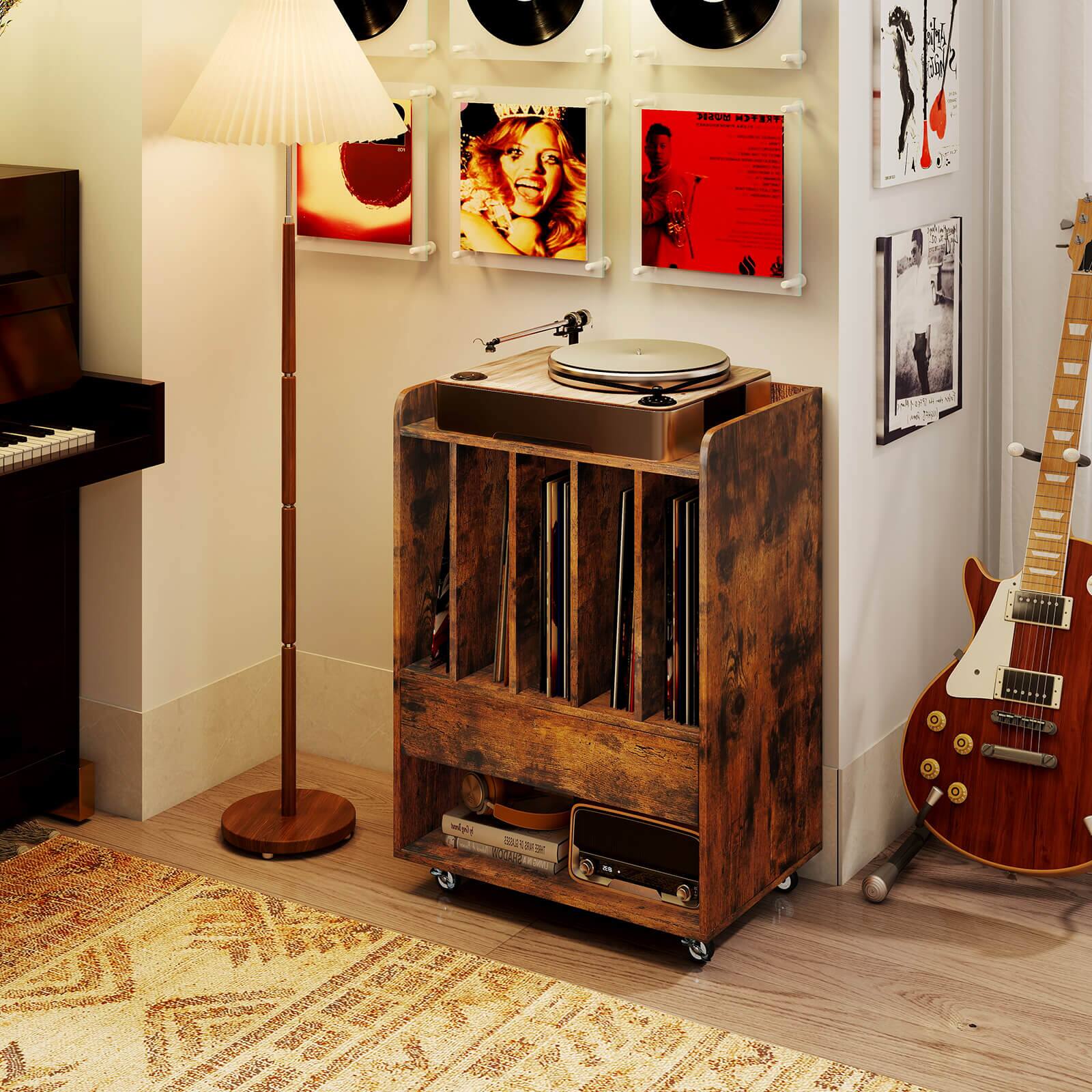 Alt View 3. Costway - Costway Record Player Stand with Drawer & Record Holder,Lockable Wheels for Living Room - Brown.