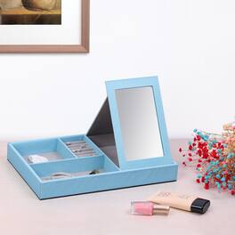 Oumilen - Light Faux Leather Jewelry Box with Fold-Out Mirror, Multi-Compartment Organizer Tray for Rings Earrings Necklace - Blue