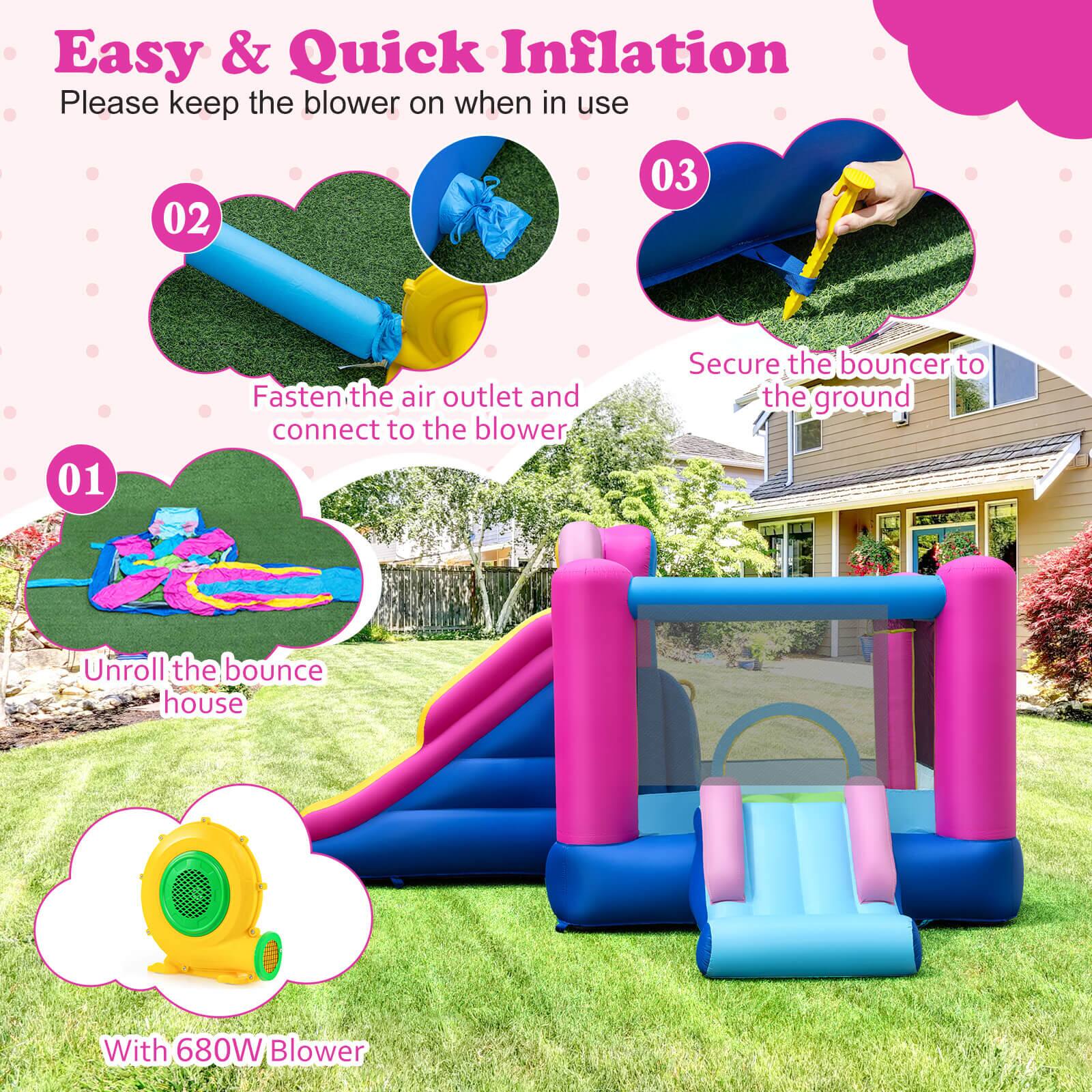 Easy & Quick Inflation  
Please keep the blower on when in use  

01  
Unroll the bounce house  

02  
Fasten the air outlet and connect to the blower  

03  
Secure the bouncer to the ground  

With 680W Blower