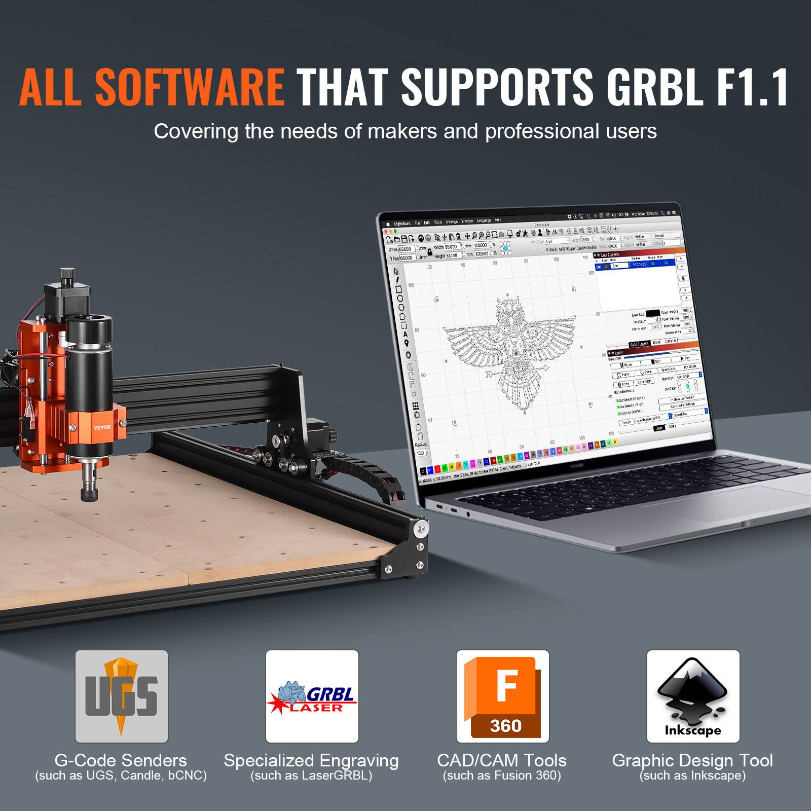 ALL SOFTWARE THAT SUPPORTS GRBL F1.1  
Covering the needs of makers and professional users  

- G-Code Senders (such as UGS, Candle, bCNC)  
- Specialized Engraving (such as LaserGRBL)  
- CAD/CAM Tools (such as Fusion 360)  
- Graphic Design Tool (such as Inkscape)