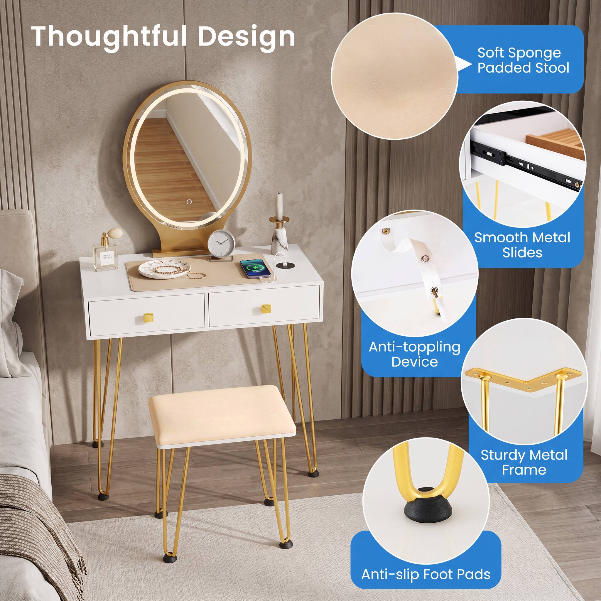 Thoughtful Design

- Soft Sponge Padded Stool
- Smooth Metal Slides
- Anti-toppling Device
- Sturdy Metal Frame
- Anti-slip Foot Pads