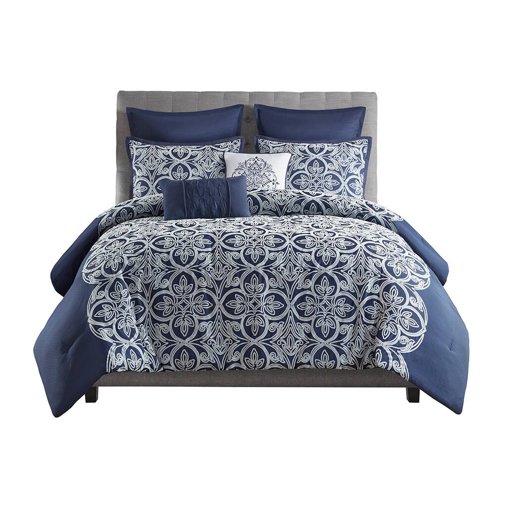 Front. Gracie Mills - Gracie Mills Reichel Transitional Flocking Comforter Set with Throw Pillows - Navy.