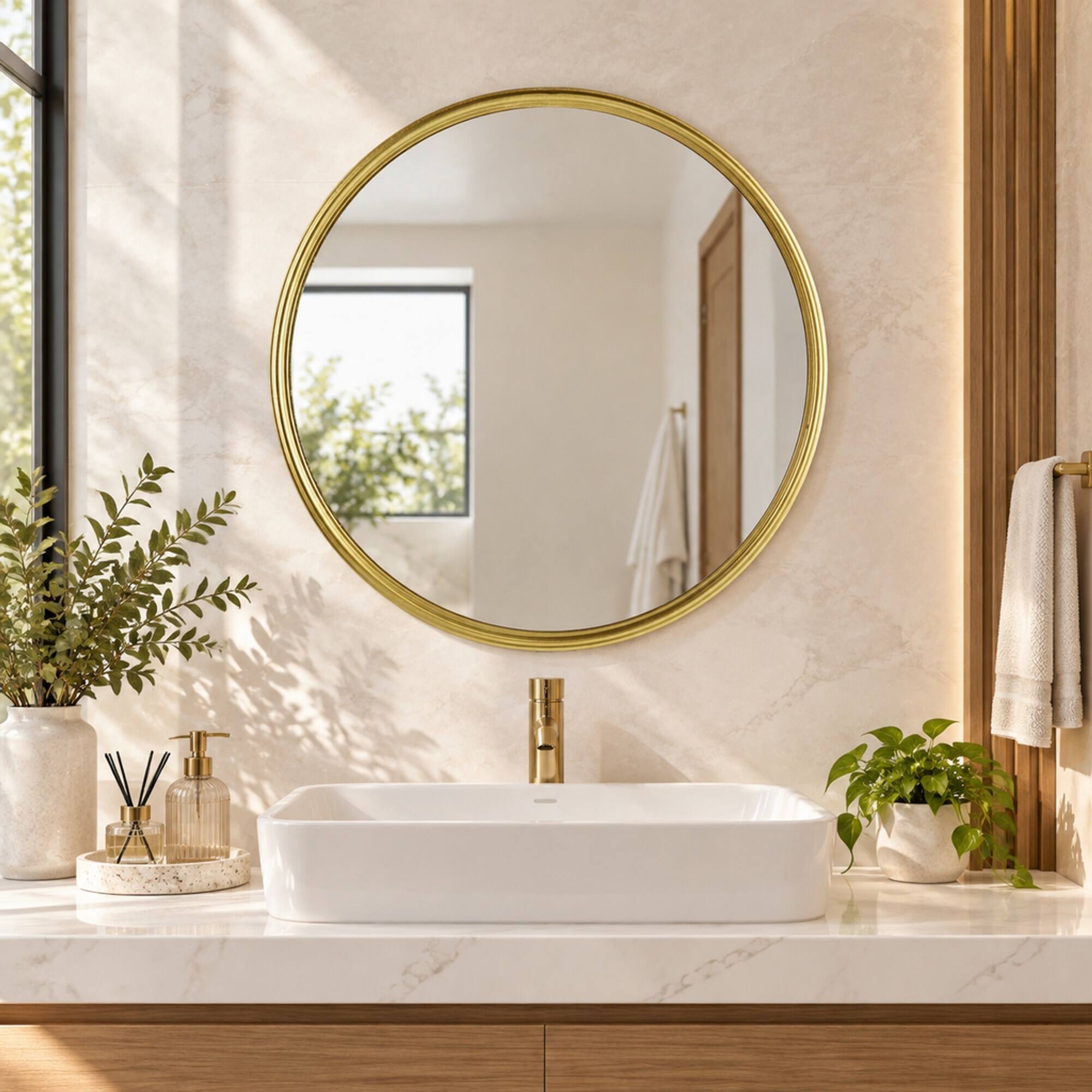 Angle. RYHNUYNE - Gold Round Convex Wall Mirror, 10.4 in Iron Frame, Decorative Accent for Living Room, Bedroom, Vanity, Entryway - Gold.