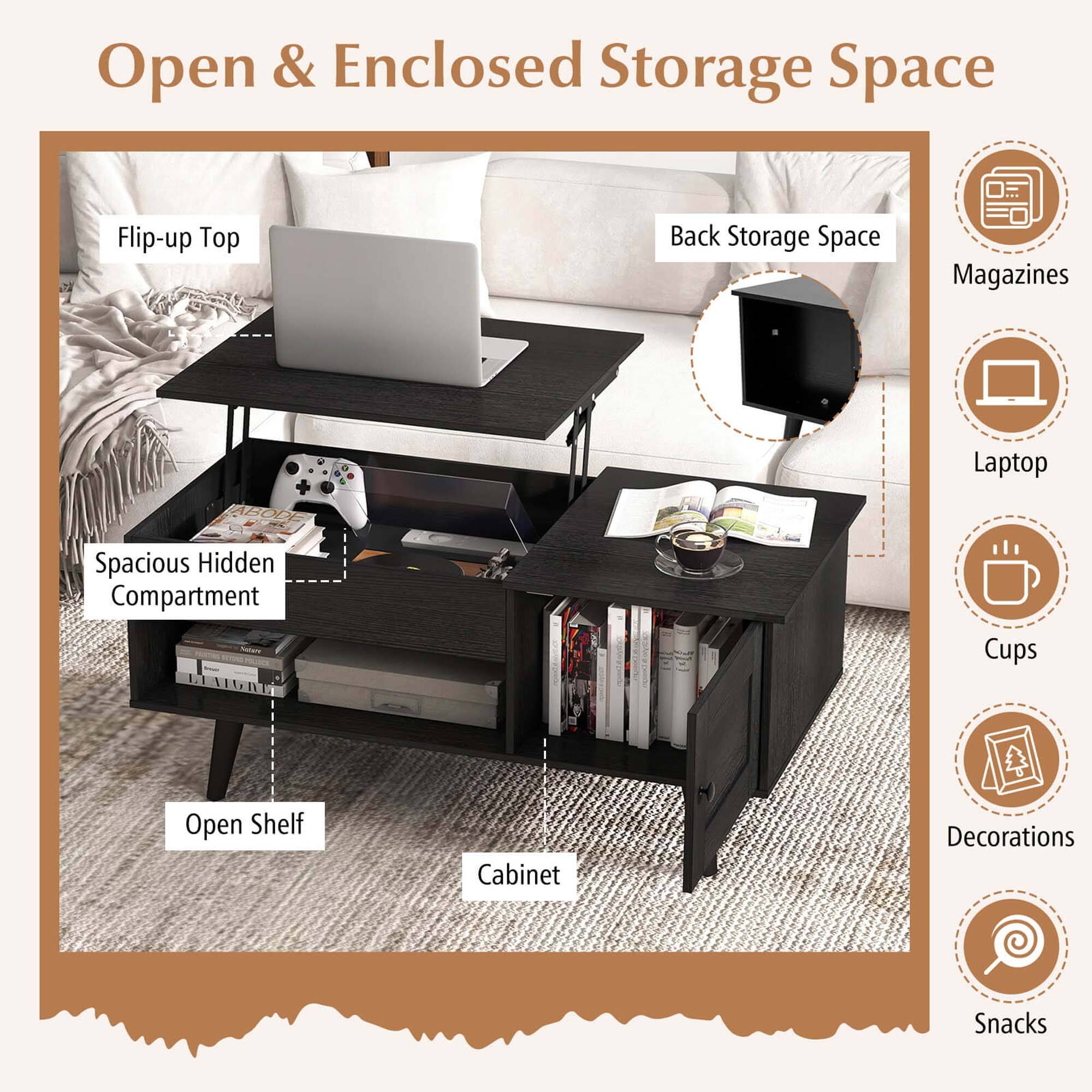 Open & Enclosed Storage Space Flip-up Top Back Storage Space Magazines Laptop SROL Spacious Hidden Compartment Cups Open Shelf Cabinet Decorations Snacks