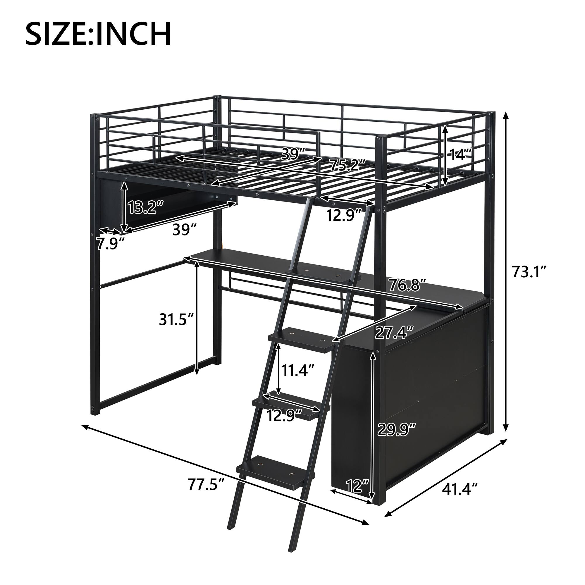 SIZE: INCH  
39" x 75.2"  
- 4" x 13.2"  
39" x 7.9"  
12.9"  
76.8" x 73.1"  
31.5" x 27.4"  
11.4" x 12.9"  
29.9" x 77.5"  
12" x 41.4"