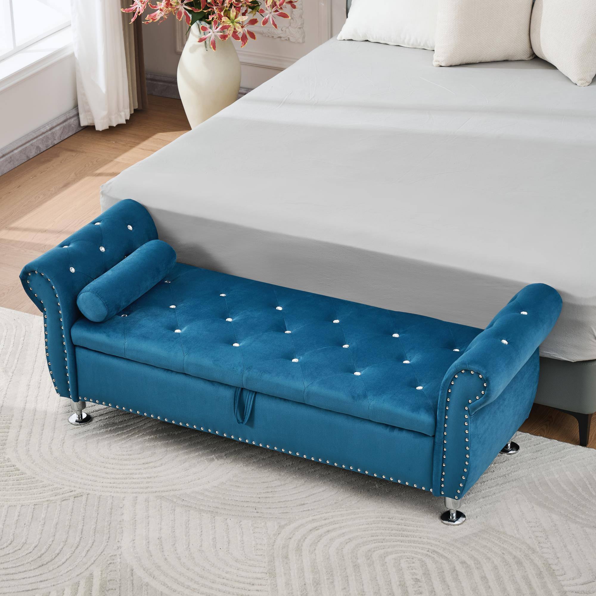 Alt View 1. Boyel Living - 62.2In Blue Velvet Storage Bench w Crystal Buttons&Pillow for Bedroom Living Room - Blue.