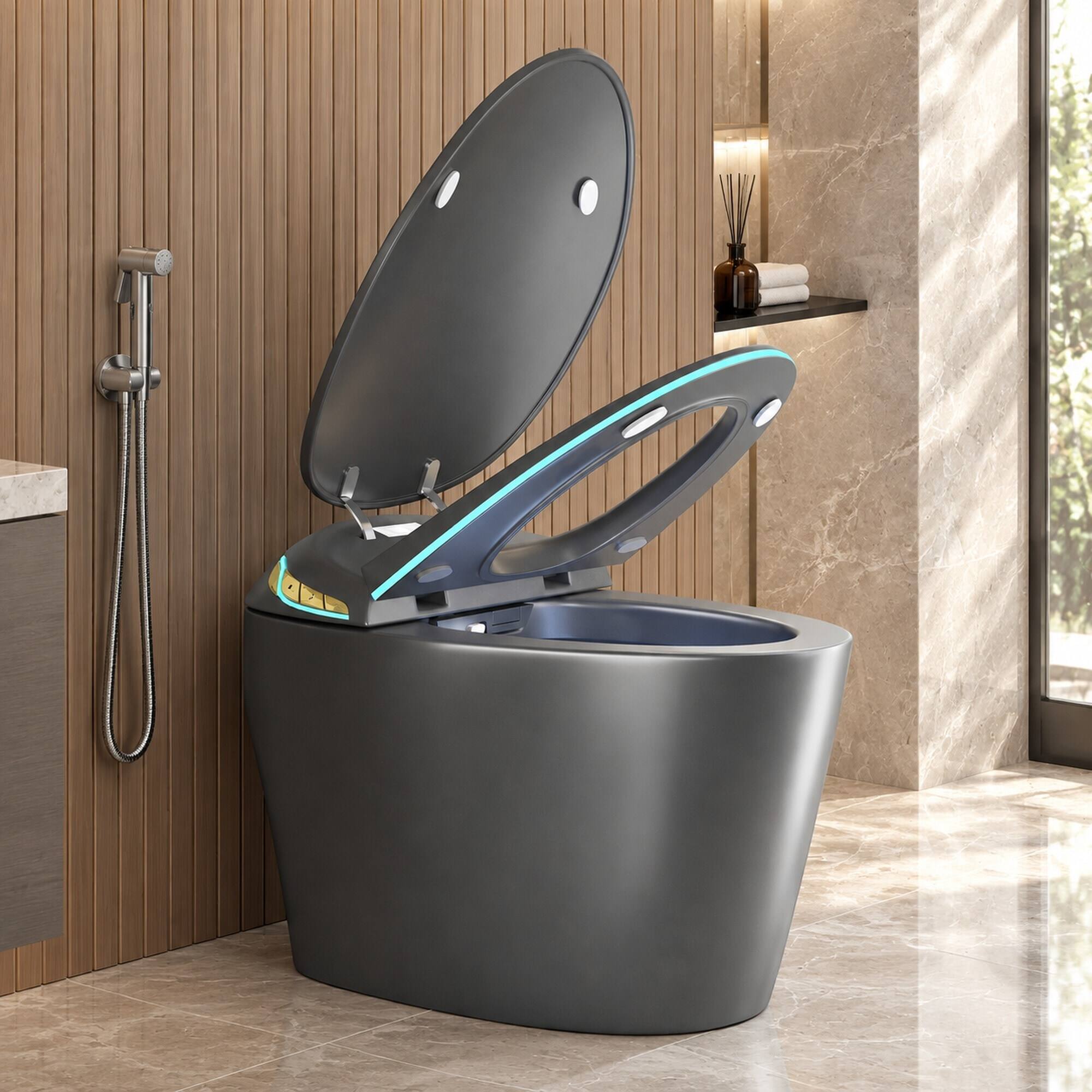Angle. RYHNUYNE - Unique One Piece Smart Bidet Toilet, Auto Open Close Seat Foot Sensor LED Display Night Light Warm Water Dryer In Grey - Grey.