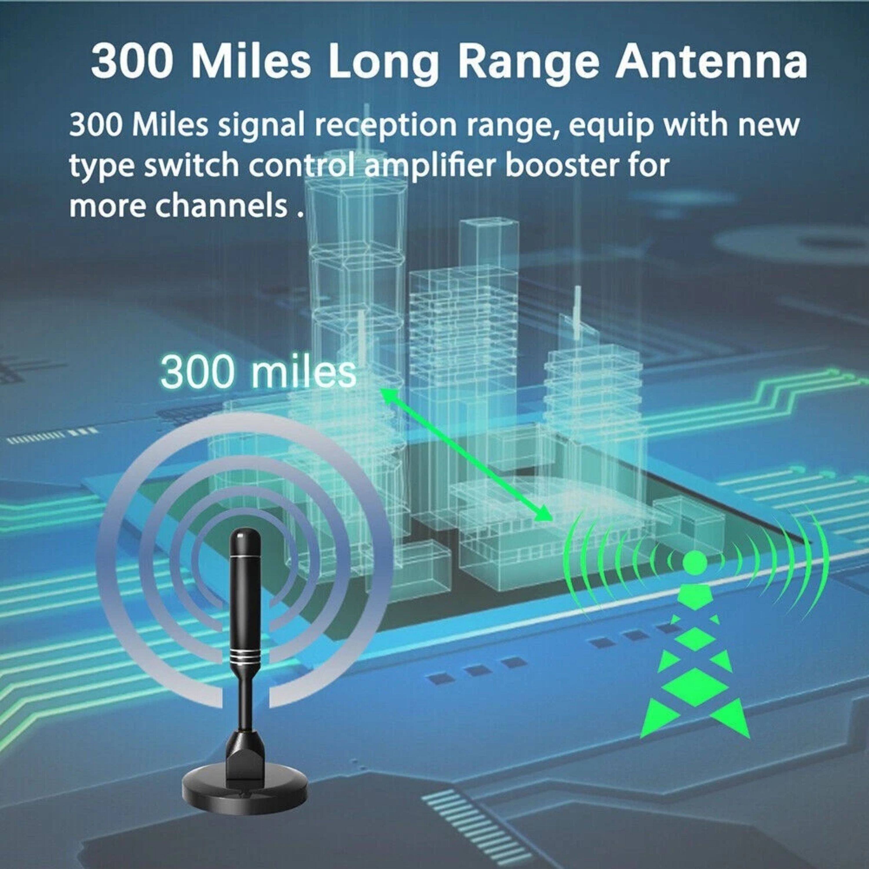 300 Miles Long Range Antenna

300 Miles signal reception range, equipped with a new type switch control amplifier booster for more channels.

300 miles