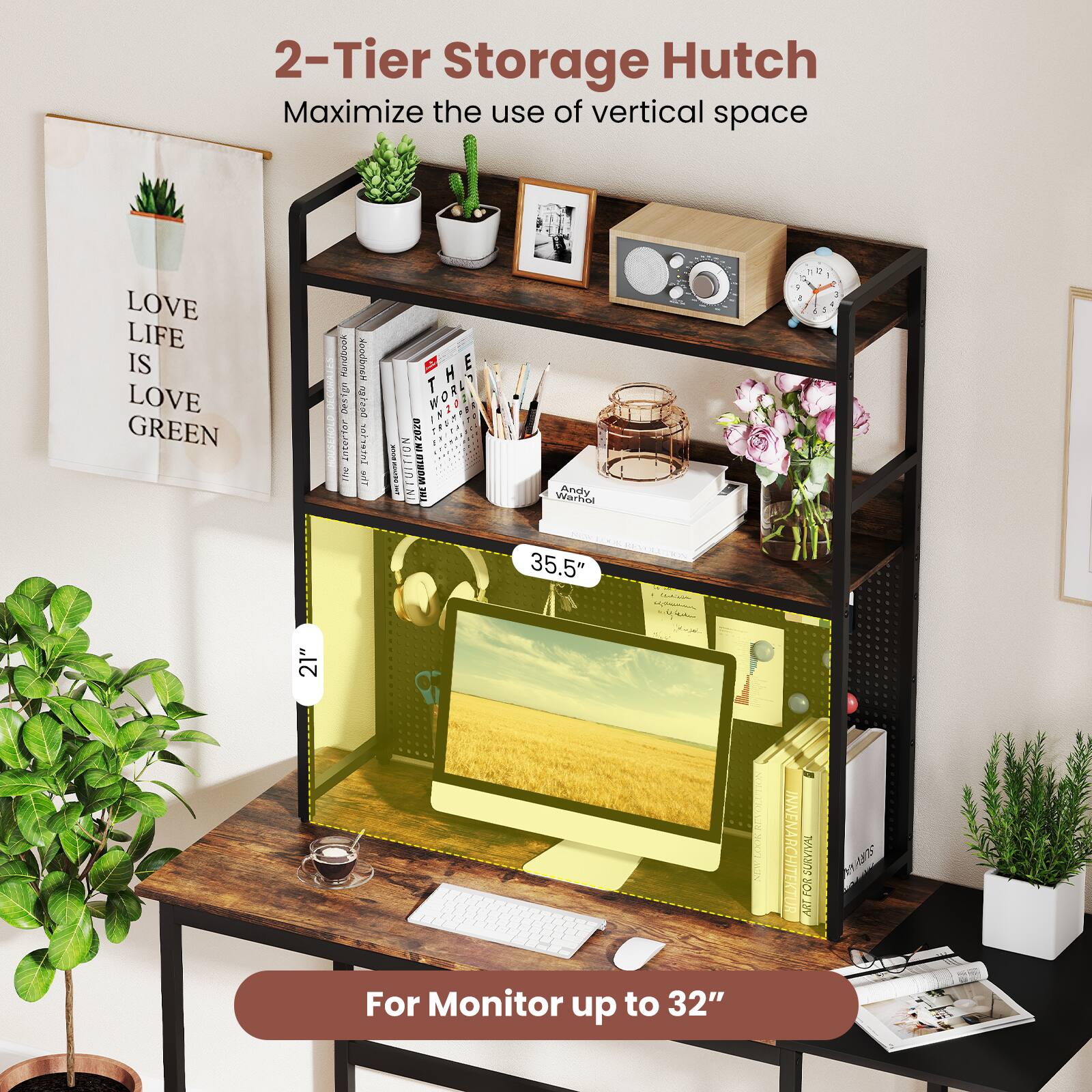 2-Tier Storage Hutch, Maximize the use of vertical space, LOVE LIFE IS LOVE GREEN, 35.5", 21", For Monitor up to 32"