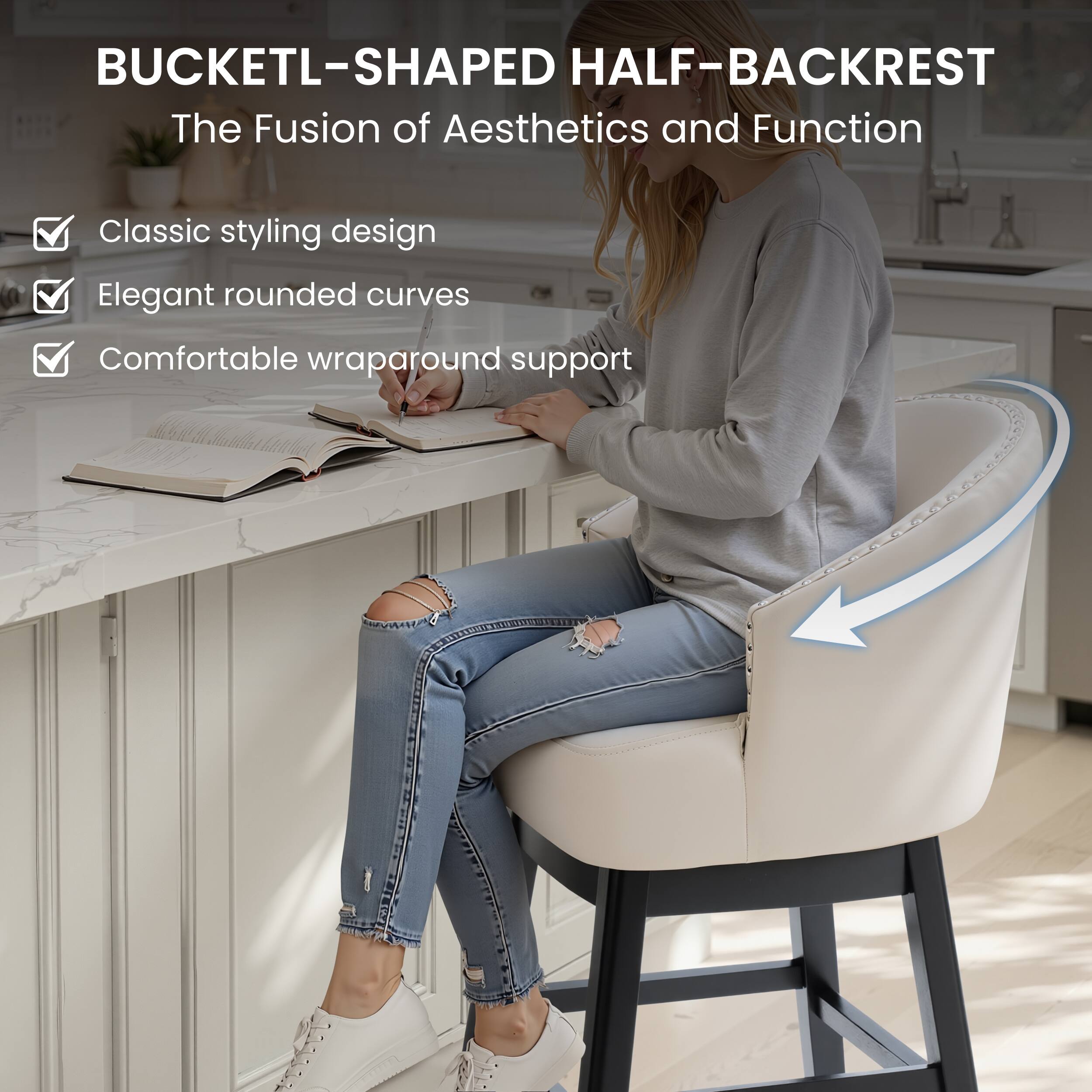 BUCKETL-SHAPED HALF-BACKREST  
The Fusion of Aesthetics and Function  

- Classic styling design  
- Elegant rounded curves  
- Comfortable wraparound support