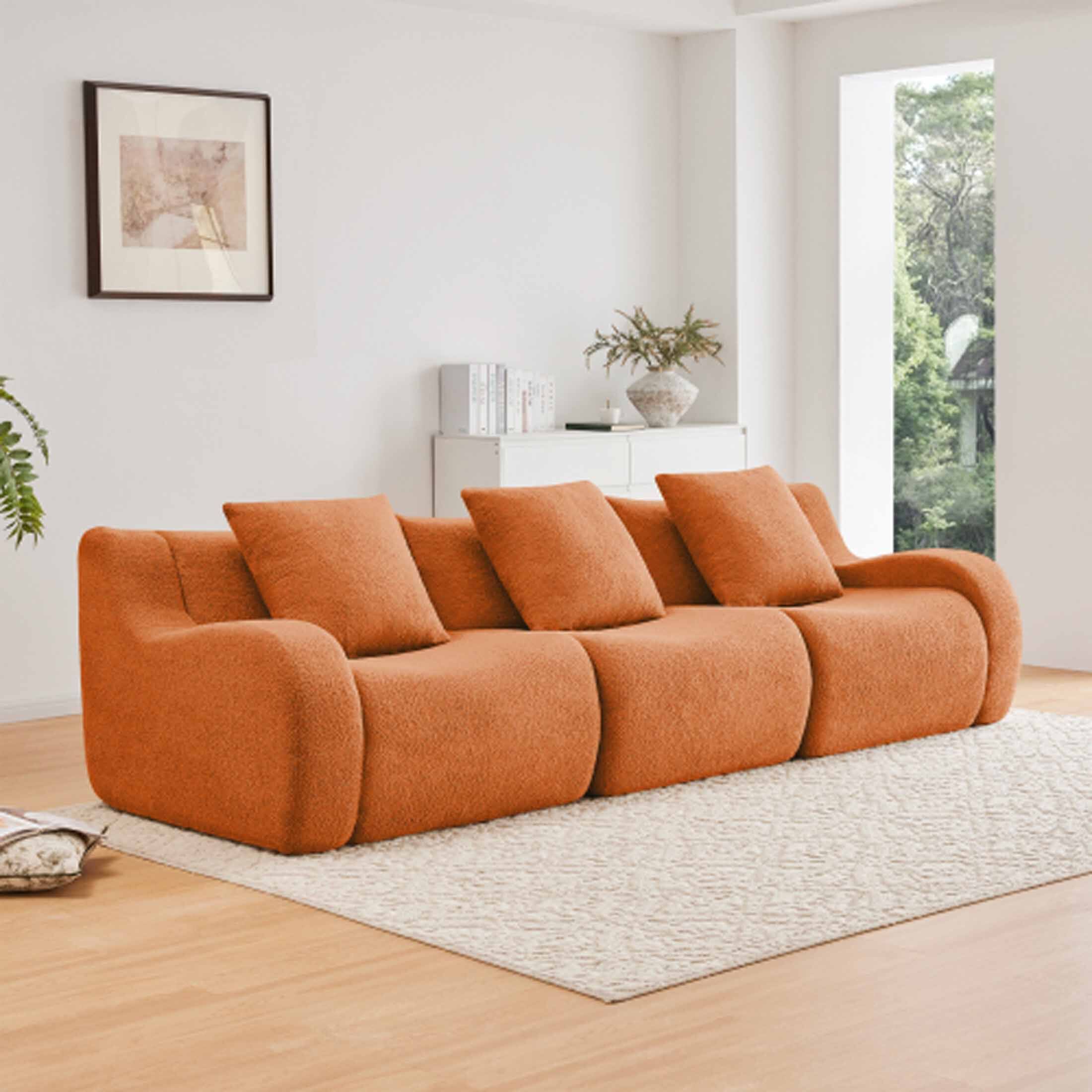 Front. Aukfa - Modular Teddy Fabric Sofa - 3-Seat Convertible Sectional, Soft Boneless Design for Living Room - Orange.