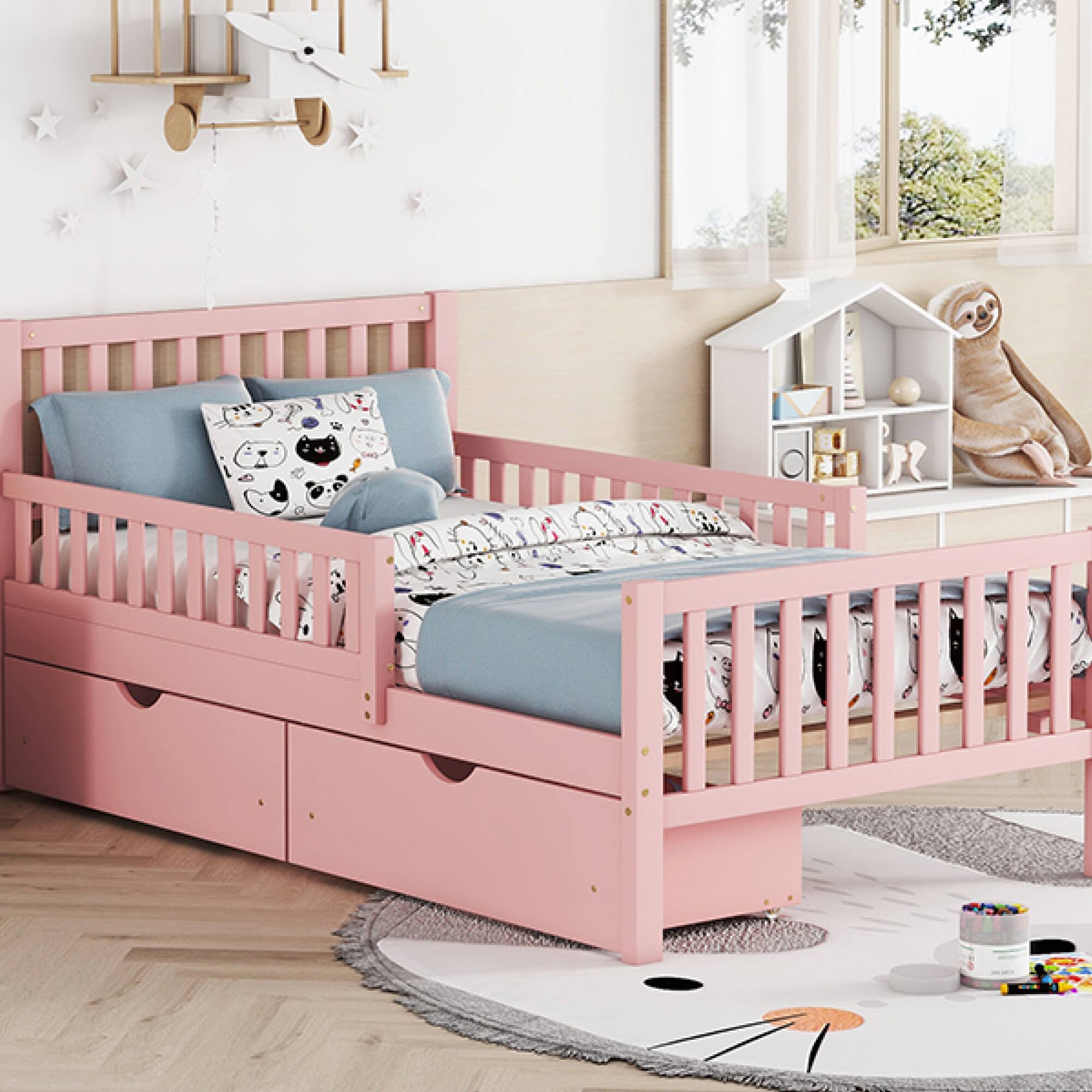 Alt View 10. GOODSILO - Twin Size Wood Platform Bed with Dual Guardrails and Underbed Storage Drawers for Enhanced Safety and Organization - Pink.