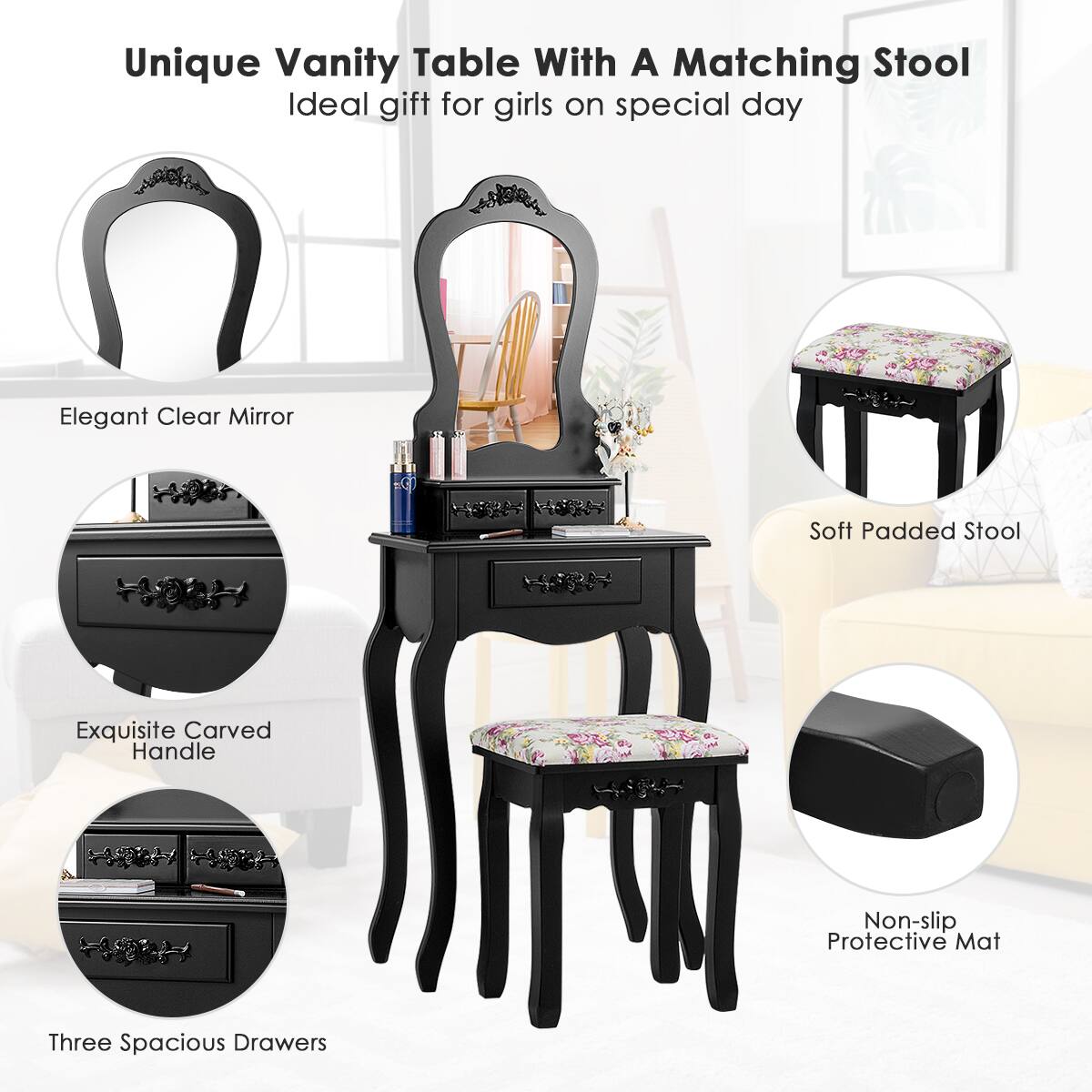 Unique Vanity Table With A Matching Stool  
Ideal gift for girls on special day  

- Elegant Clear Mirror  
- Soft Padded Stool  
- Exquisite Carved Handle  
- Non-slip Protective Mat  
- Three Spacious Drawers